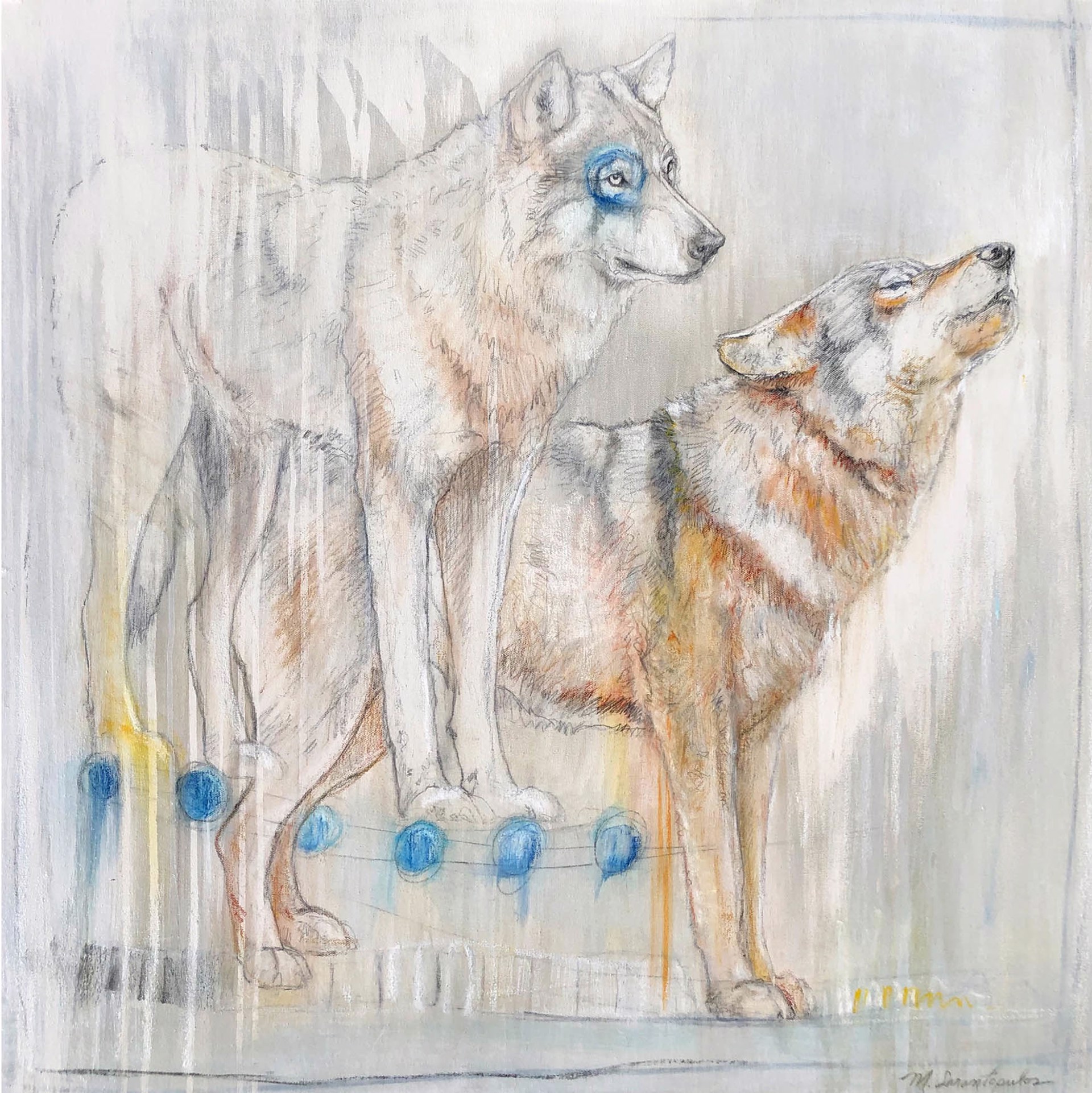 Original Mixed Media Artwork Featuring Two Wolves, One Howling, Sketched Over Blue-Gray Background With Blue Circle Abstract Details