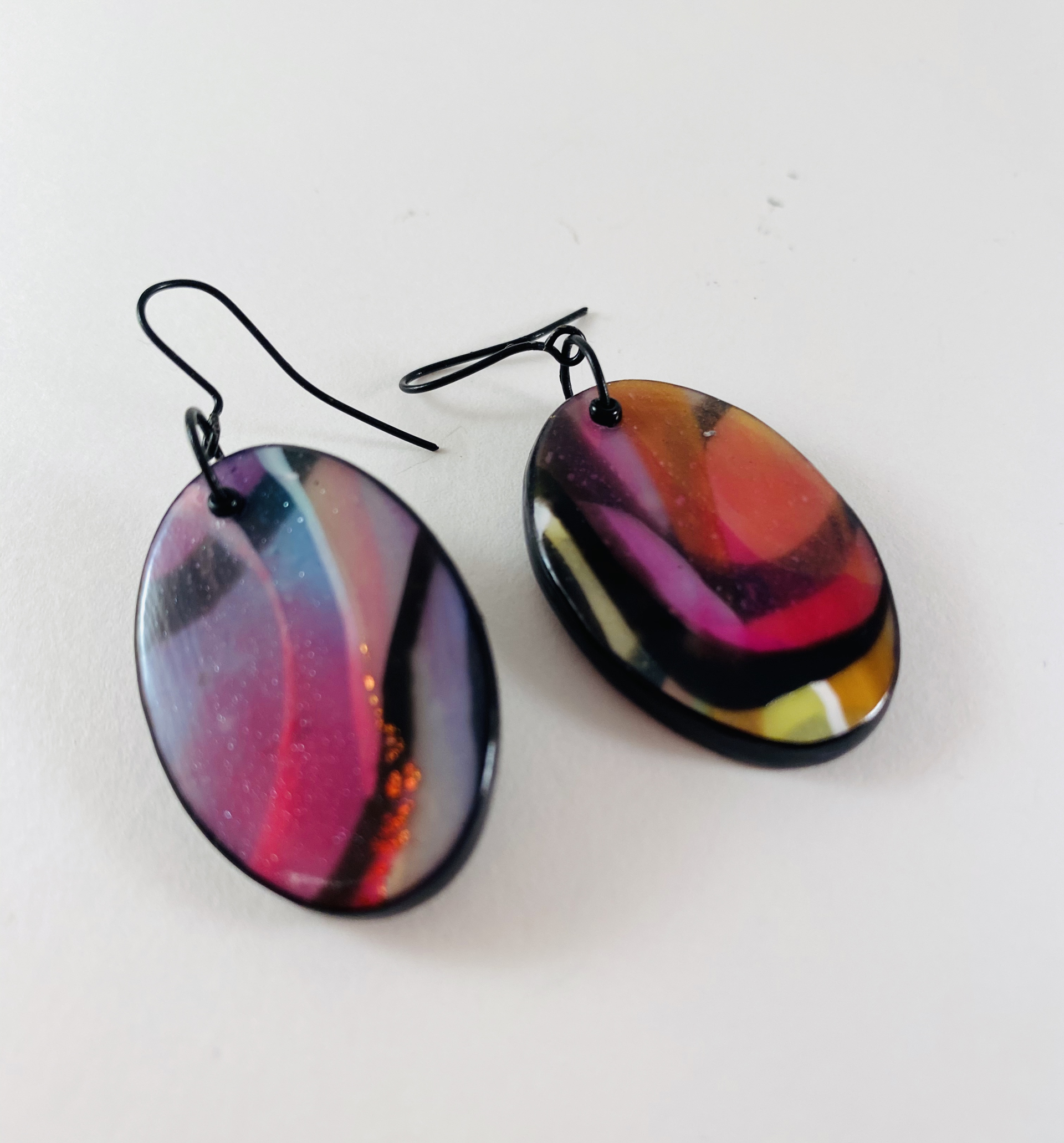 Oval Black and Multi-colored Earrings 1r by Nancy Roth
