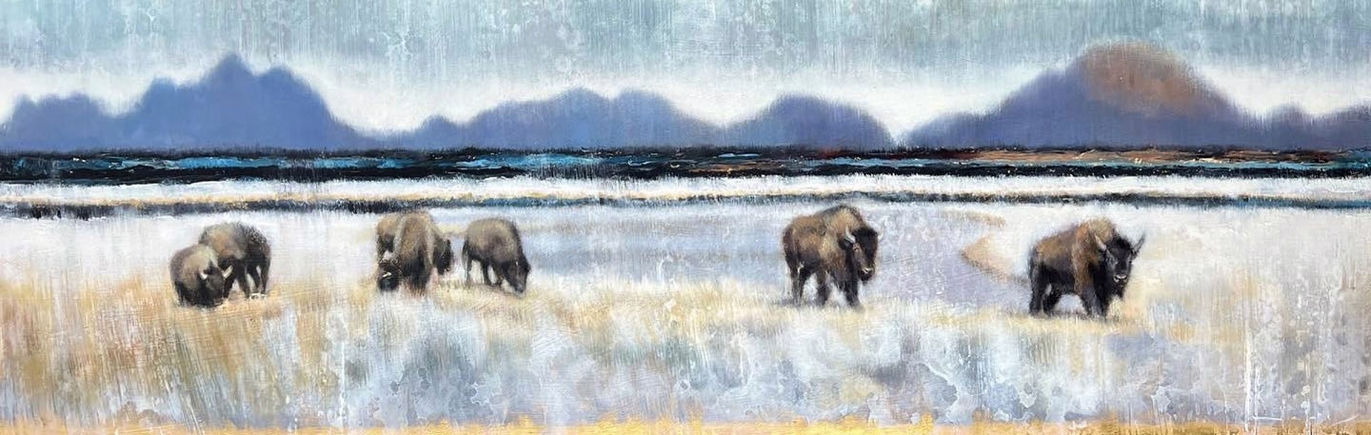 Original Mixed Media Painting By Nealy Riley Featuring Bison Walking Across Plains With Teton Mountain Range In The Distance
