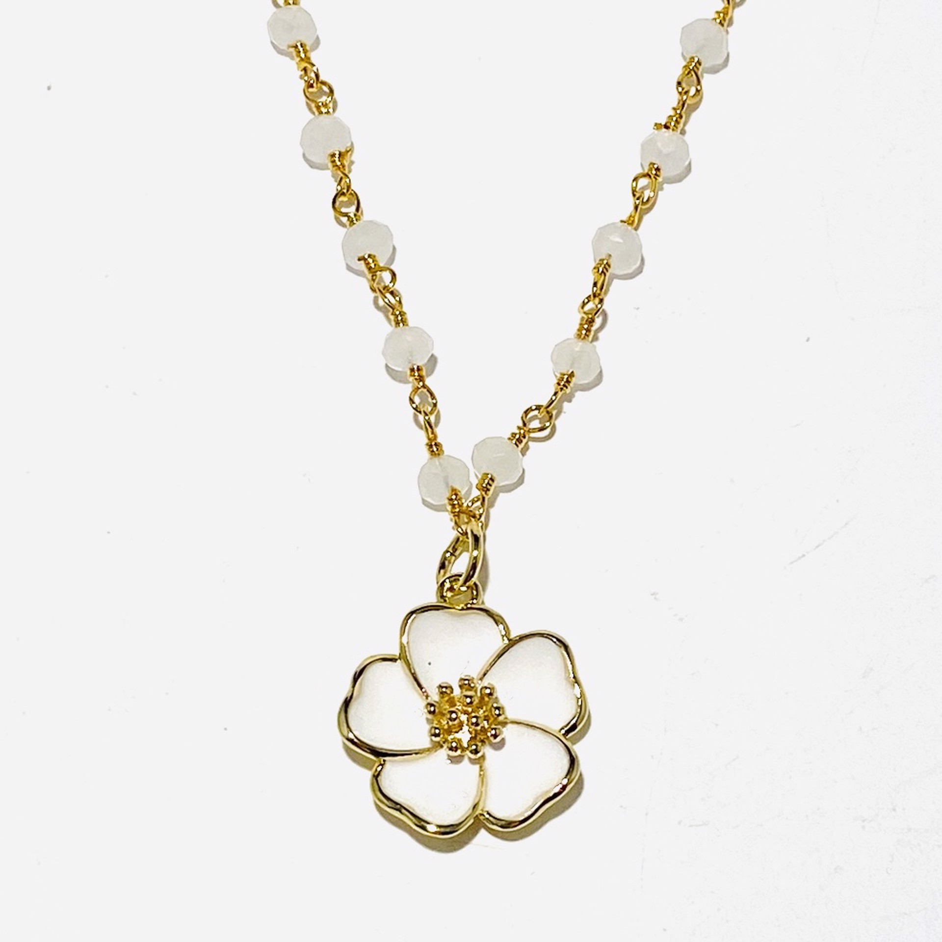 White Jade GF Chain White Flower Pendant Necklace by Nance Trueworthy