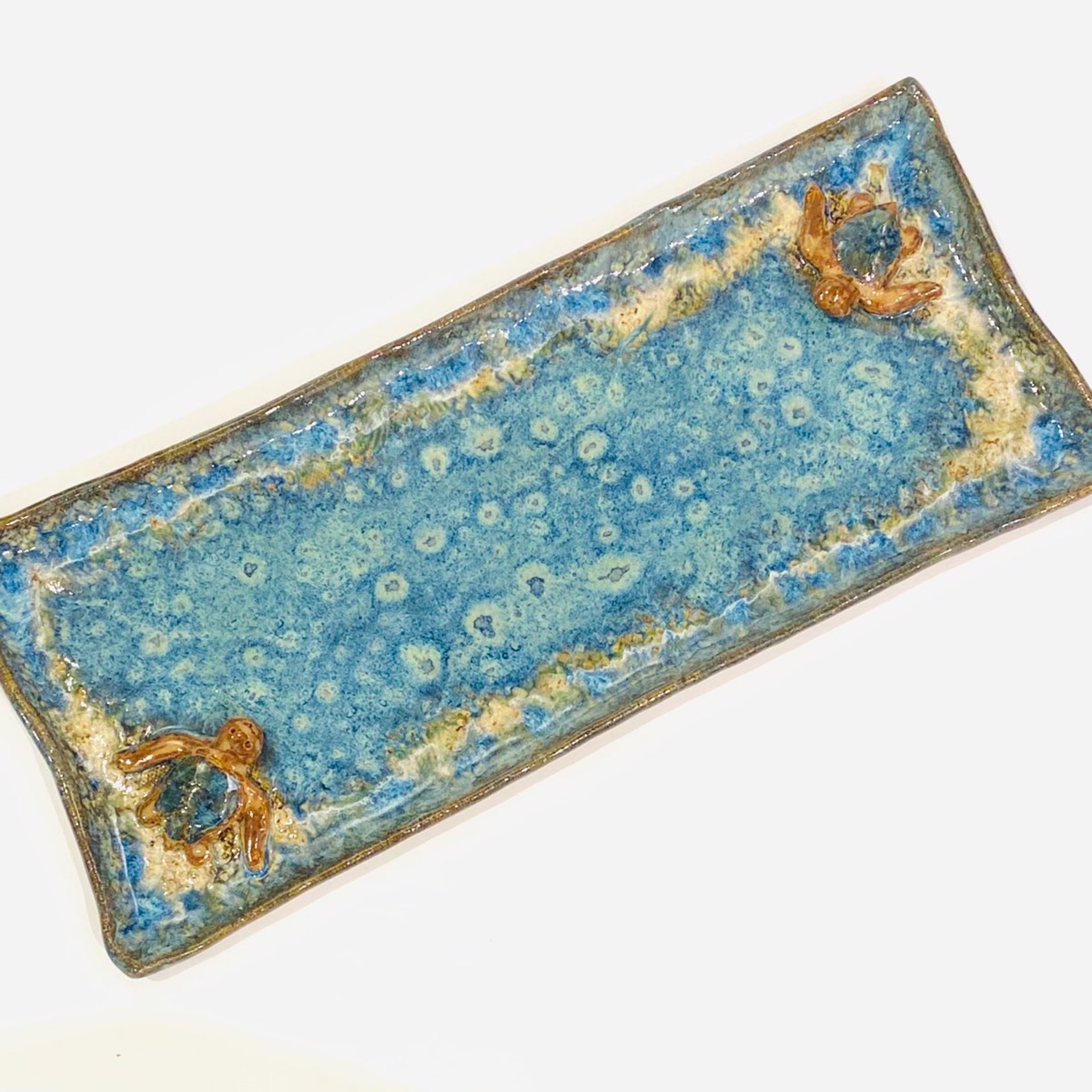 LG22-940 Rectangle Plate with 2 Turtles (Blue Glaze) by Jim & Steffi Logan