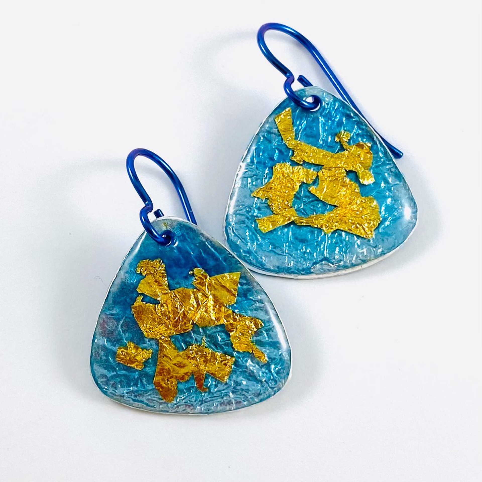 Rounded Triangle  Blue and Gold Vitreous Enamel Earrings by Karen Hakim