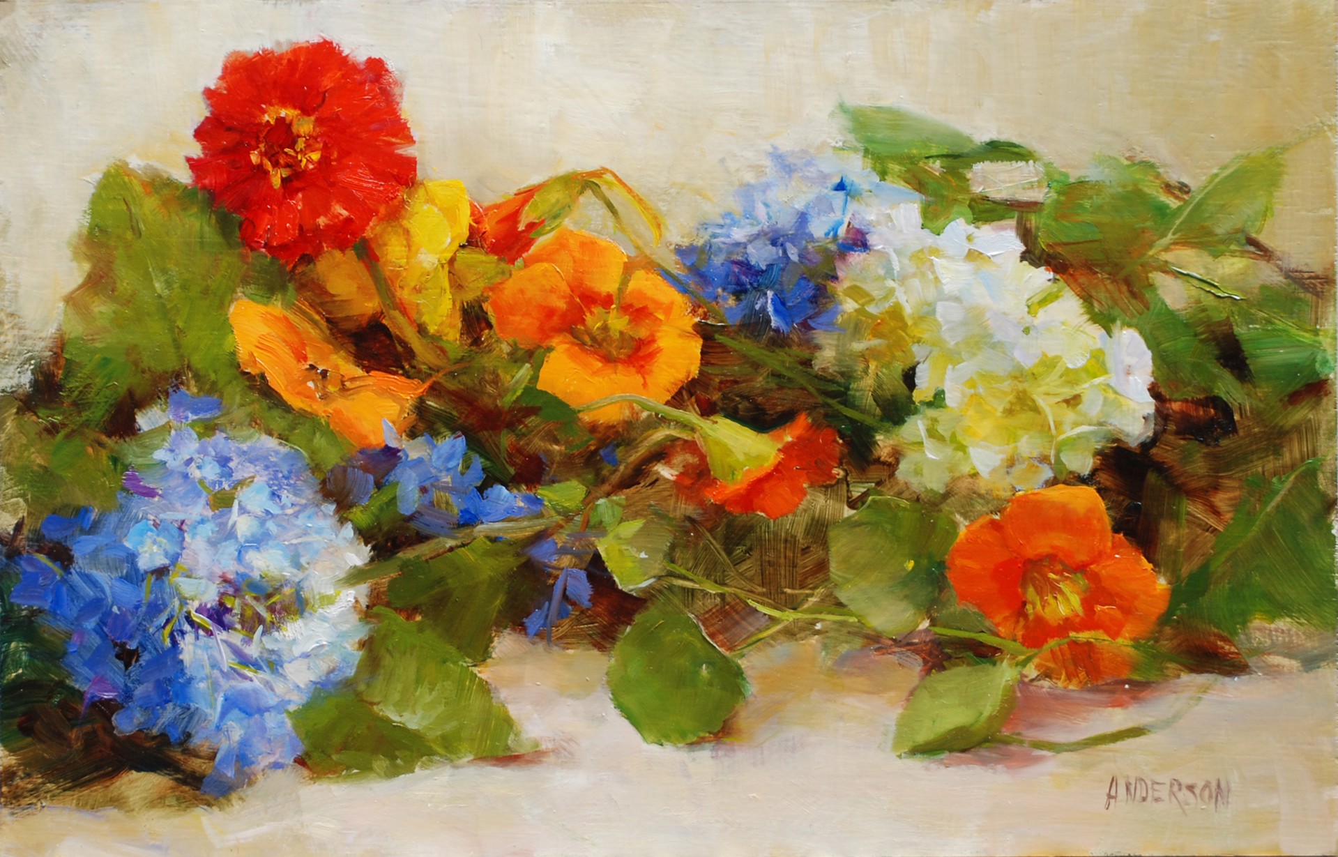 Nasturtiums & Blue Hydrangea by Kathy Anderson