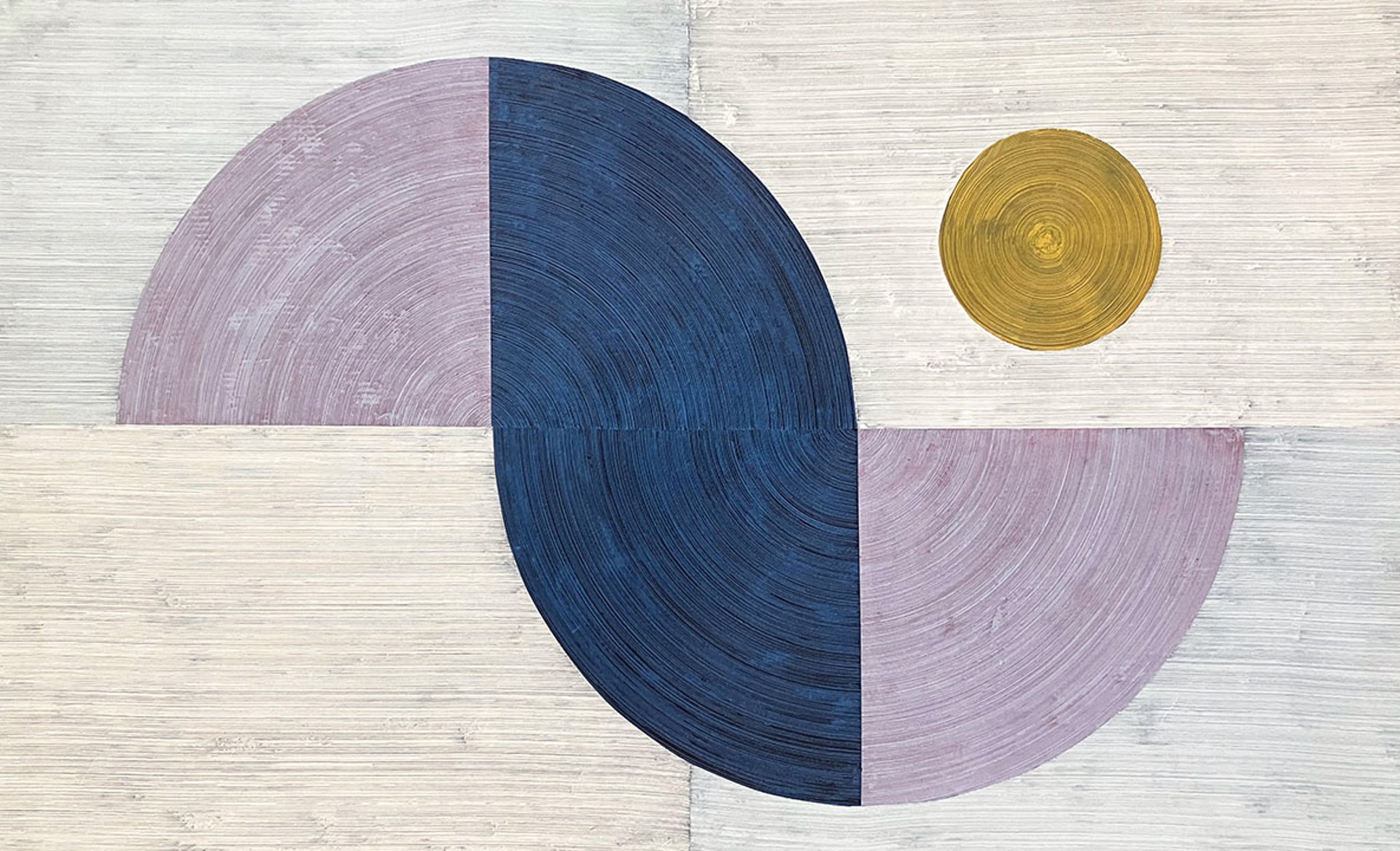 A Harmonia painting with a yellow, blue, and purple circle by David Skillicorn.