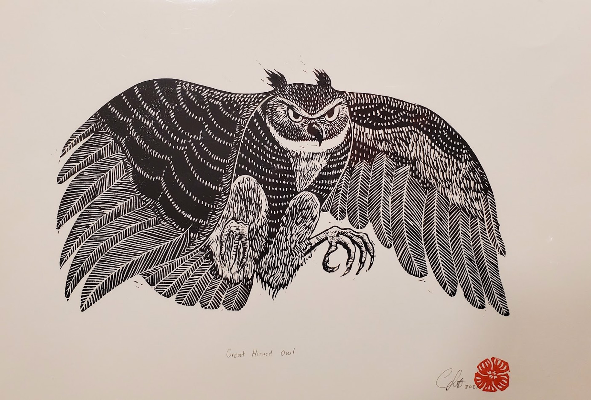 Great Horned Owl Block Print by Christine Sutton