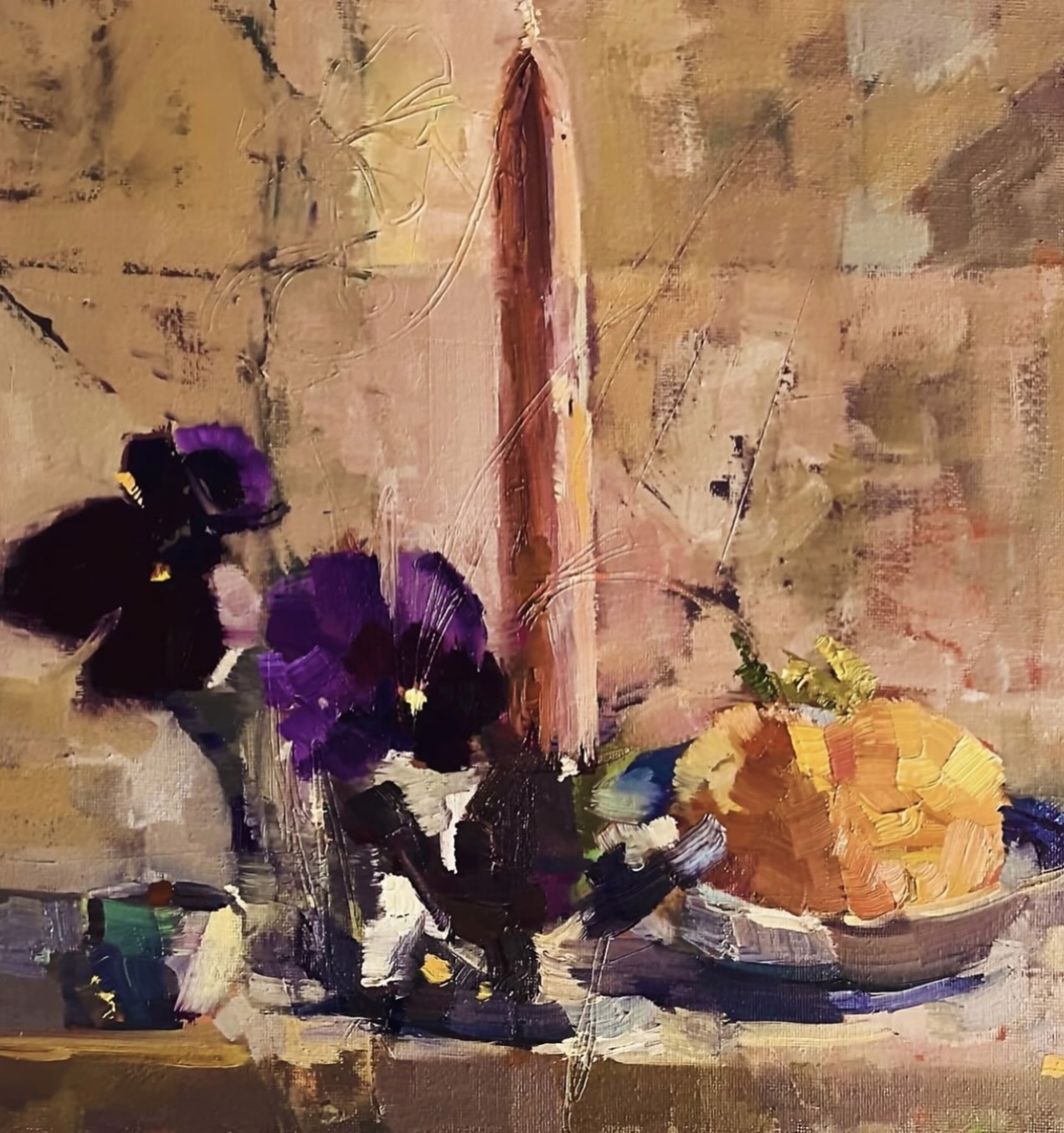 Pansies, Candle, Persimmon by Ingrid Derrickson