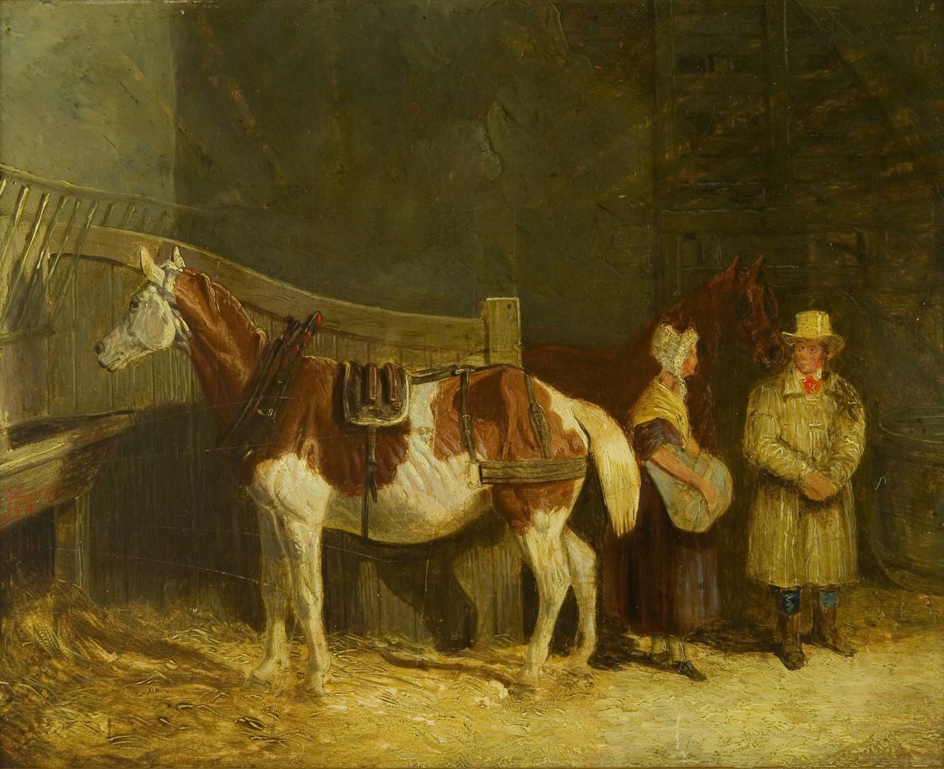 A Carriage Horse in a Stall with Attendants, 1828 by John Frederick Herring, Sr.