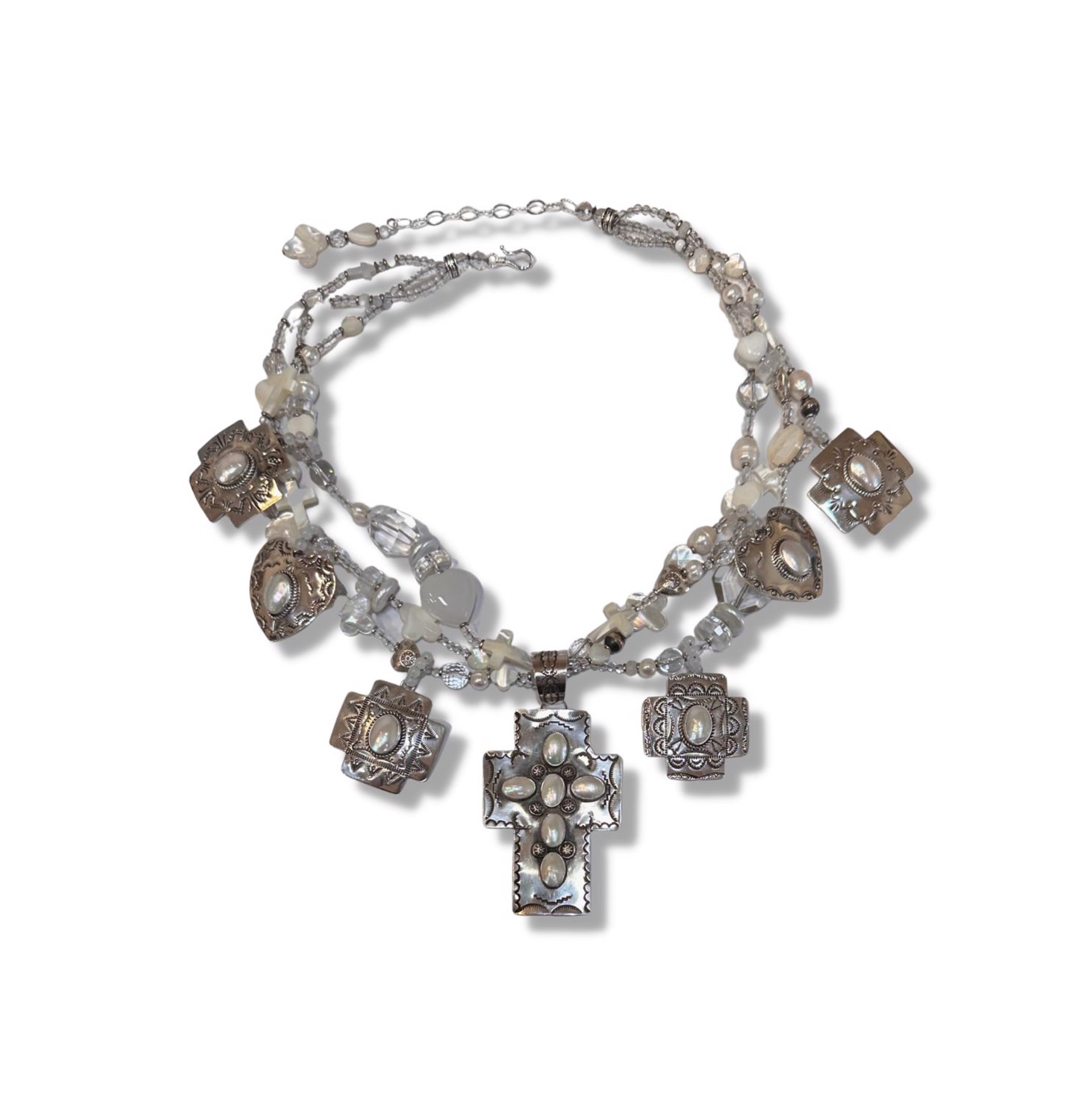 KY 1486 Three strand Pearl, Rock Crystal, Sterling Silver, and Mother of Pearl Necklace by Kim Yubeta