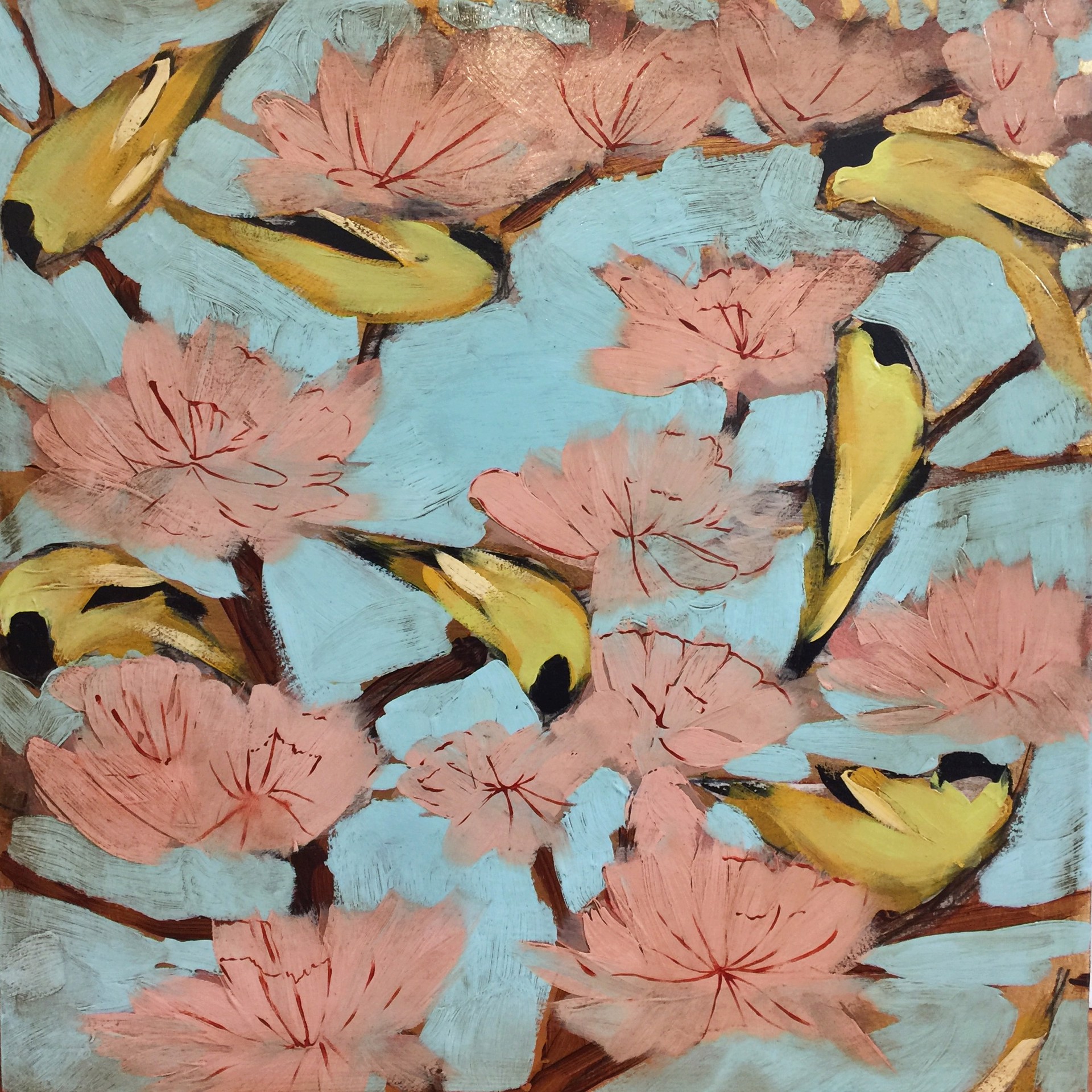 Finches and Blossoms  24x24 by Joseph Bradley