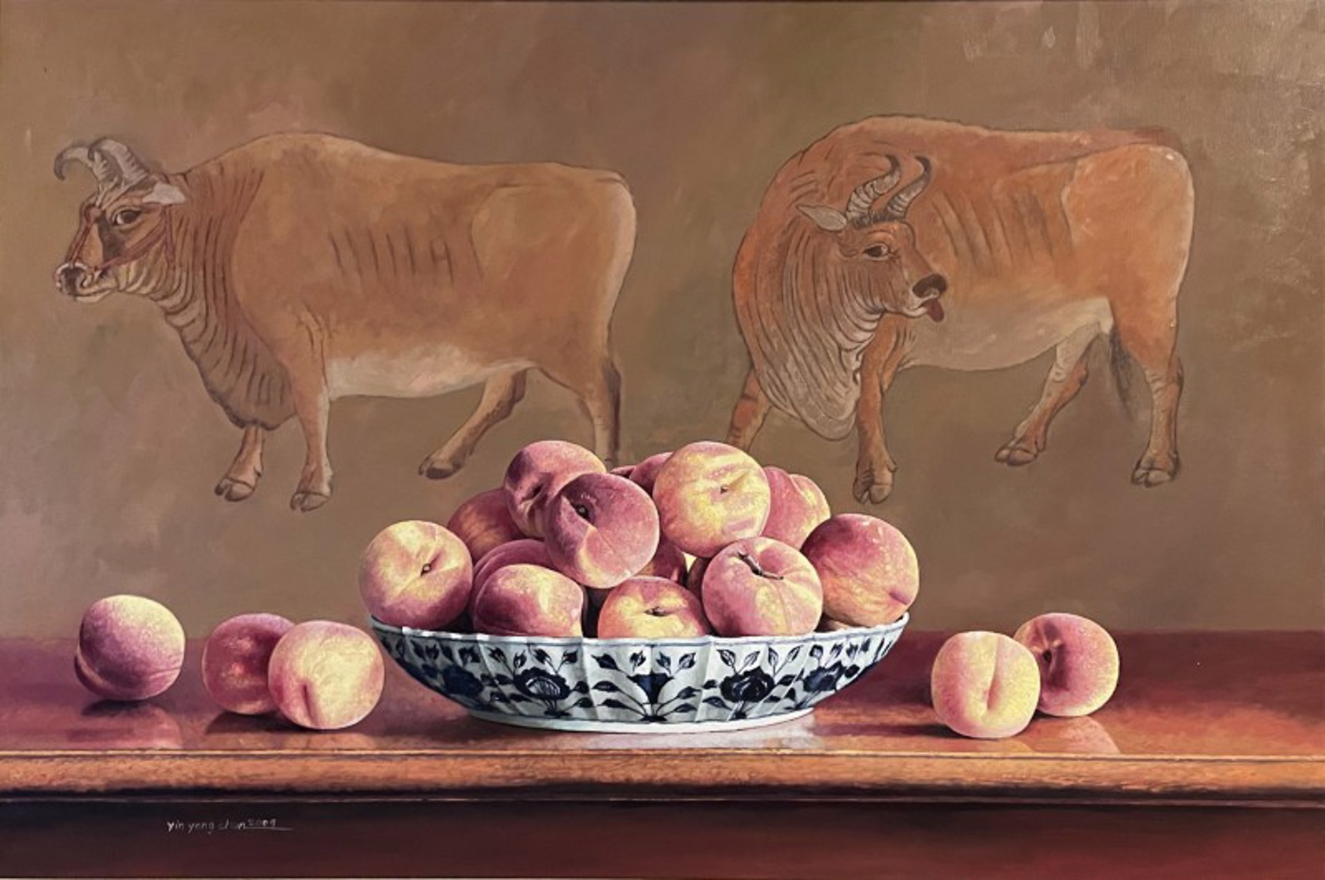 Large Plate of Peaches and Two Ox by Yin Yong Chun