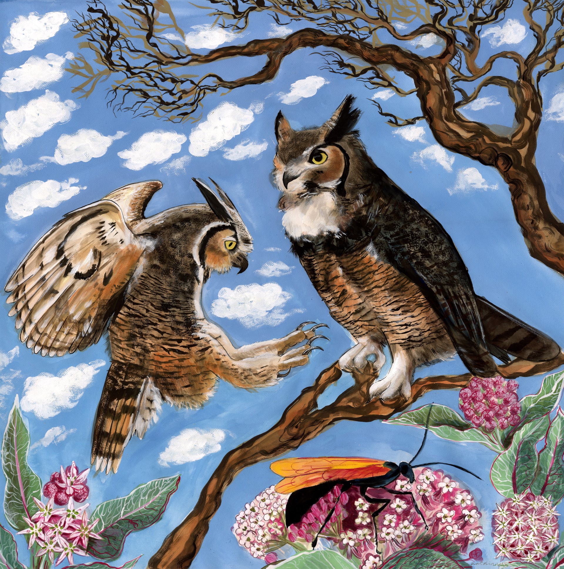 Great Horned Owls, Flowering Milkweed and Tarantula Hawk by Kat Kinnick