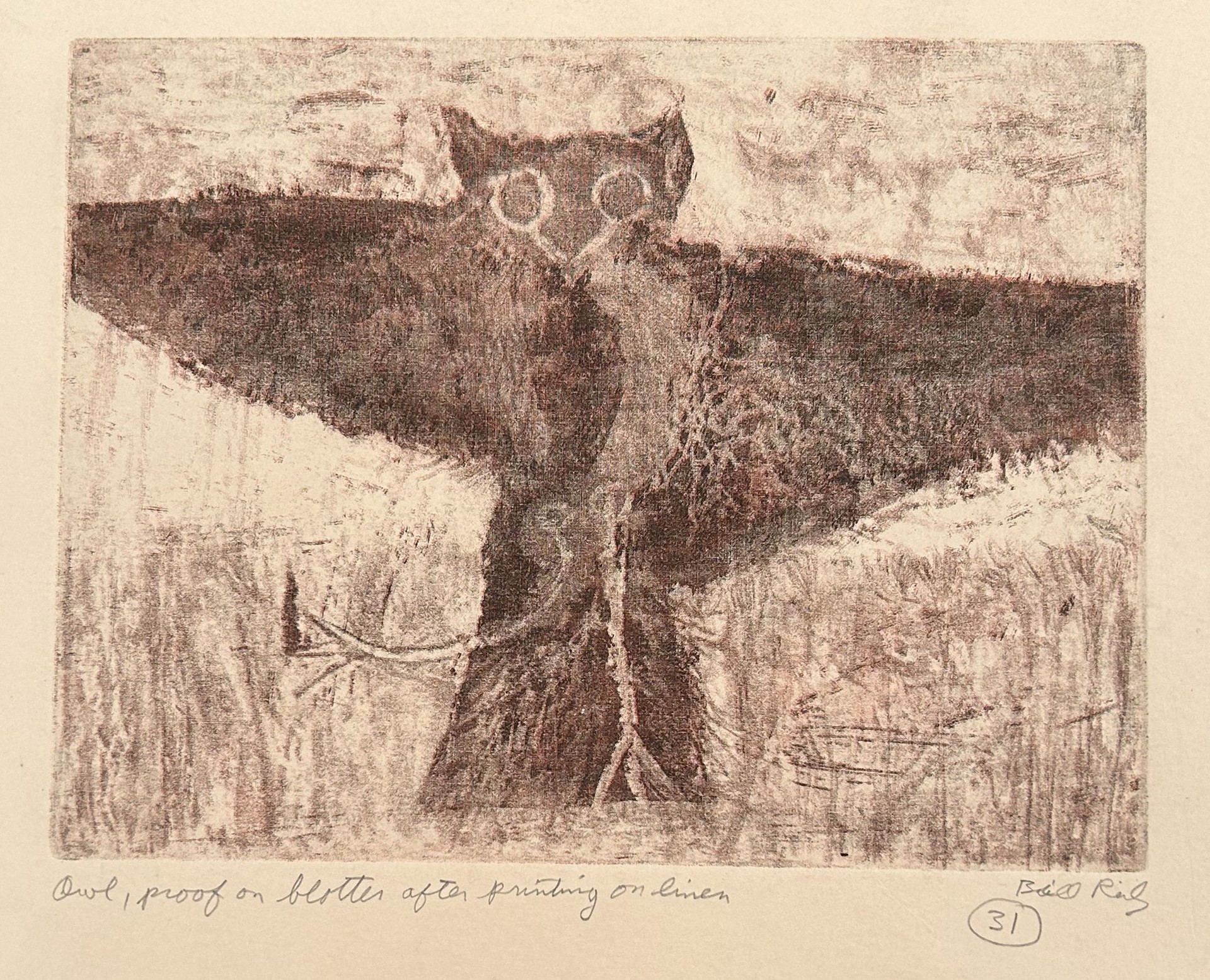 31b. Owl (proof on blotter after printing on linen) by Bill Reily Prints
