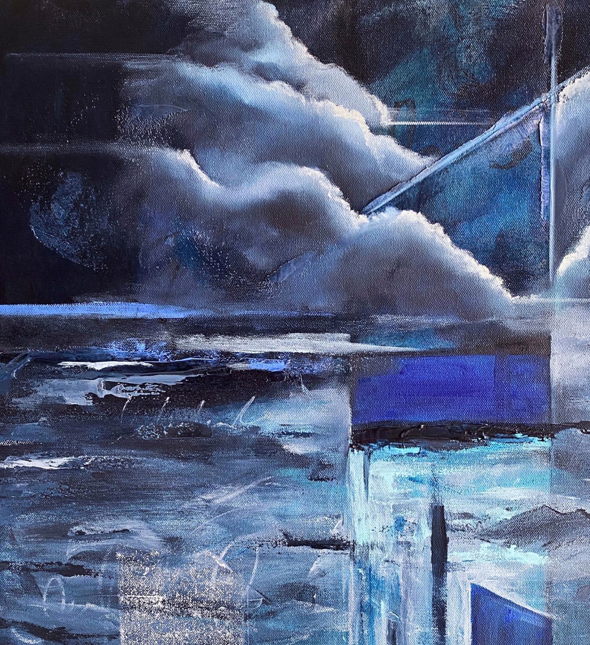 Susan Verekar - Emergence Oil on Canvas Painting - 36x48 - Blue Geometric Abstract water and sky modern painting