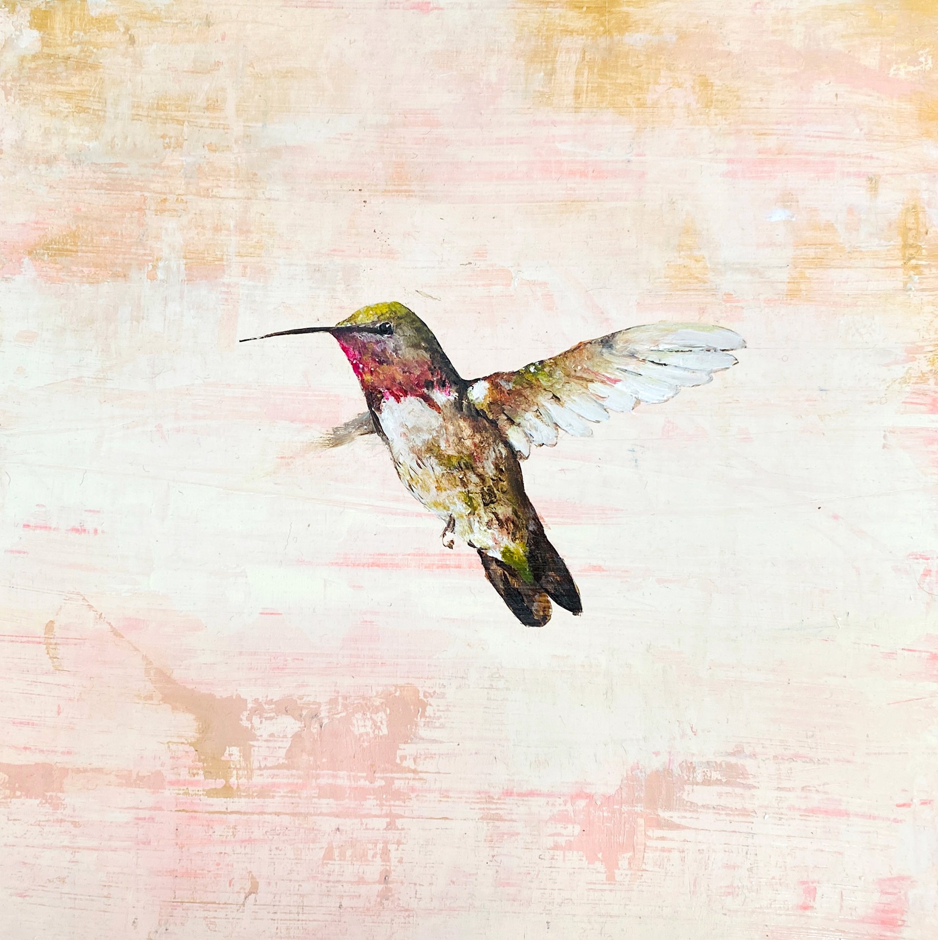 Original Oil Painting By Jenna Von Benedikt Of A Single Hummingbird With A Pink Background