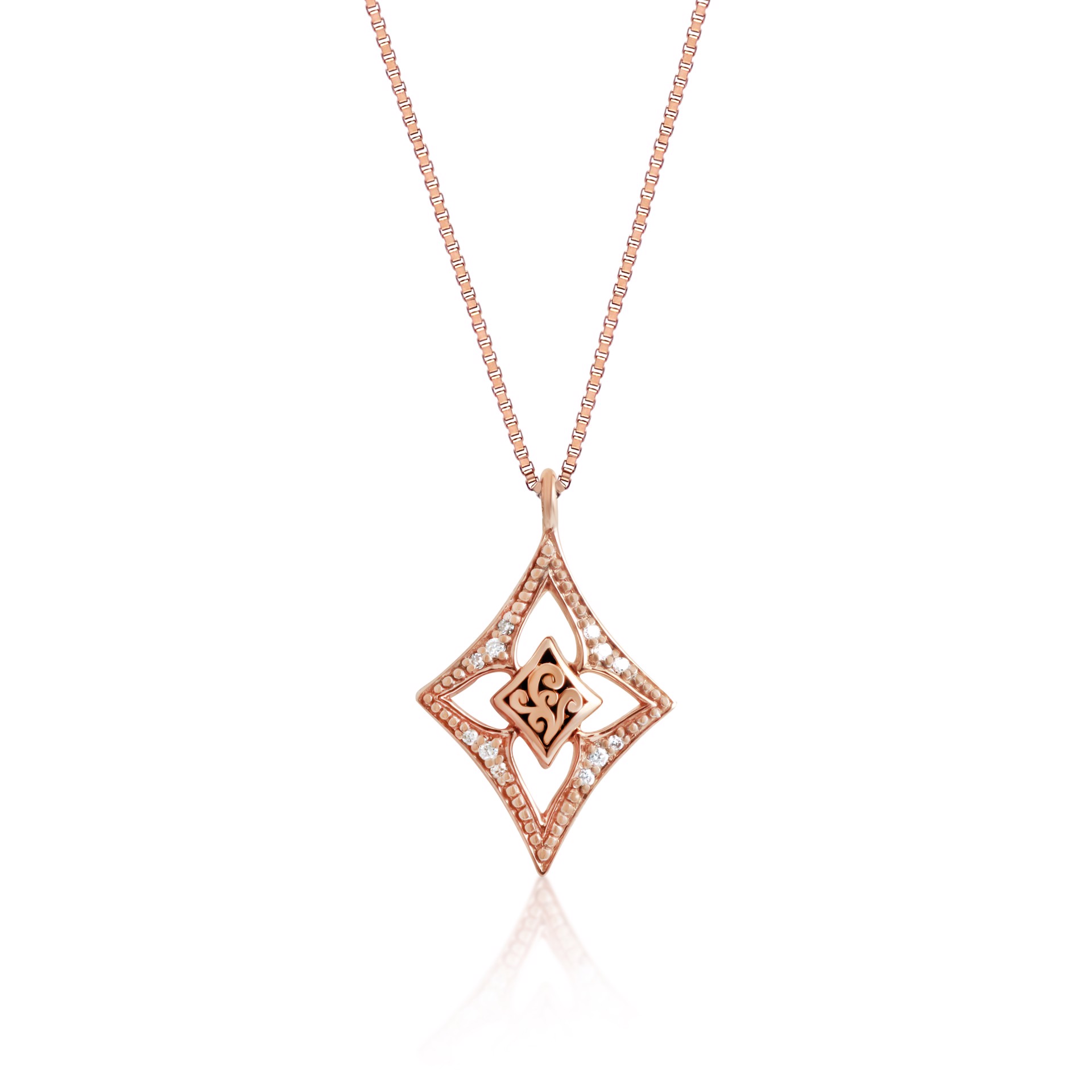 9722 18K Rose Gold with Stylized Signature Lois Hill Scroll Center and Diamond (0.05CT) Points (14mm by 18m) by Lois Hill