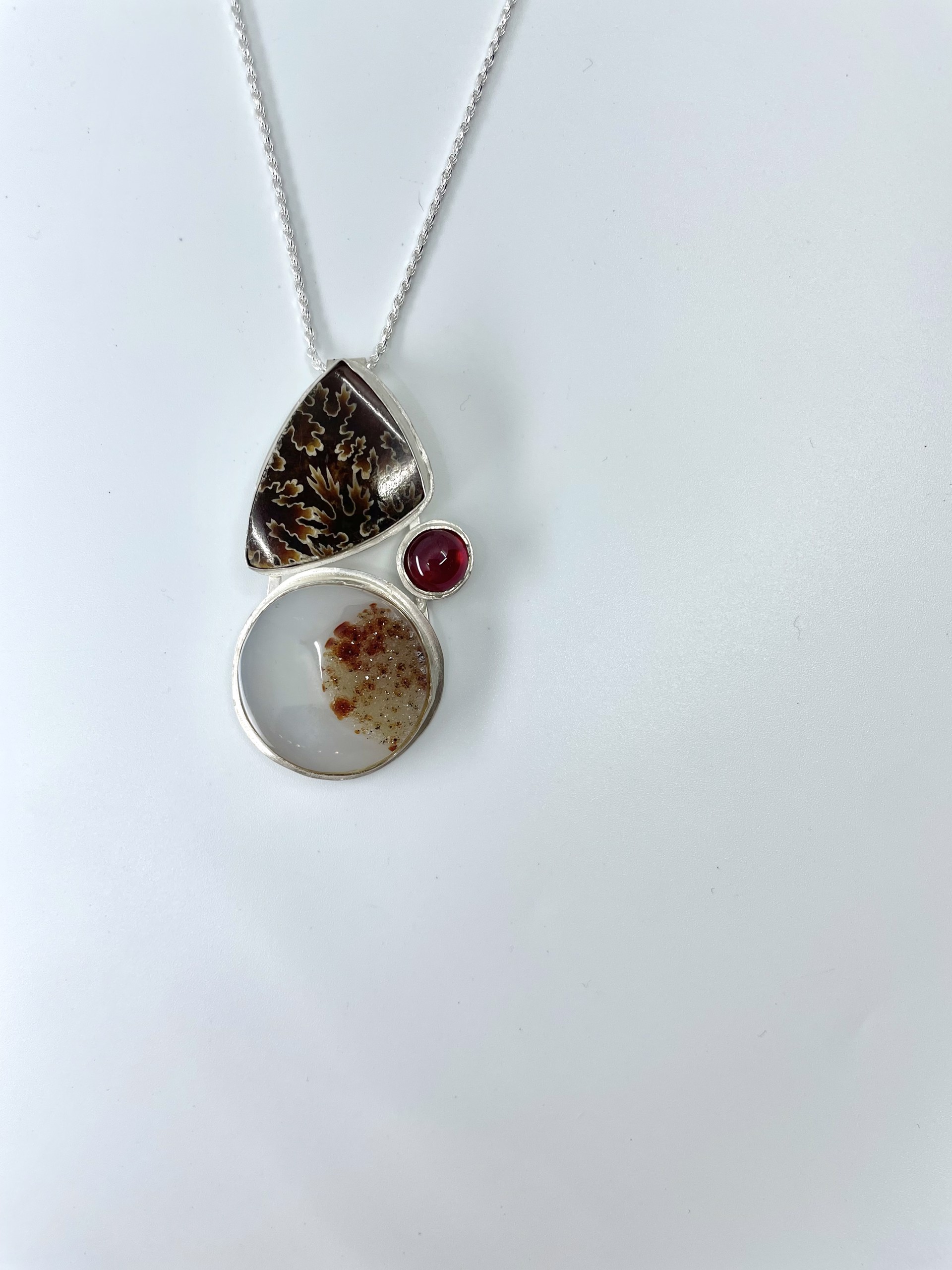 9952 Fossilized Ammonite & Chocolate Brown Ammonite Stones with Ruby Necklace by Suzanne Brown
