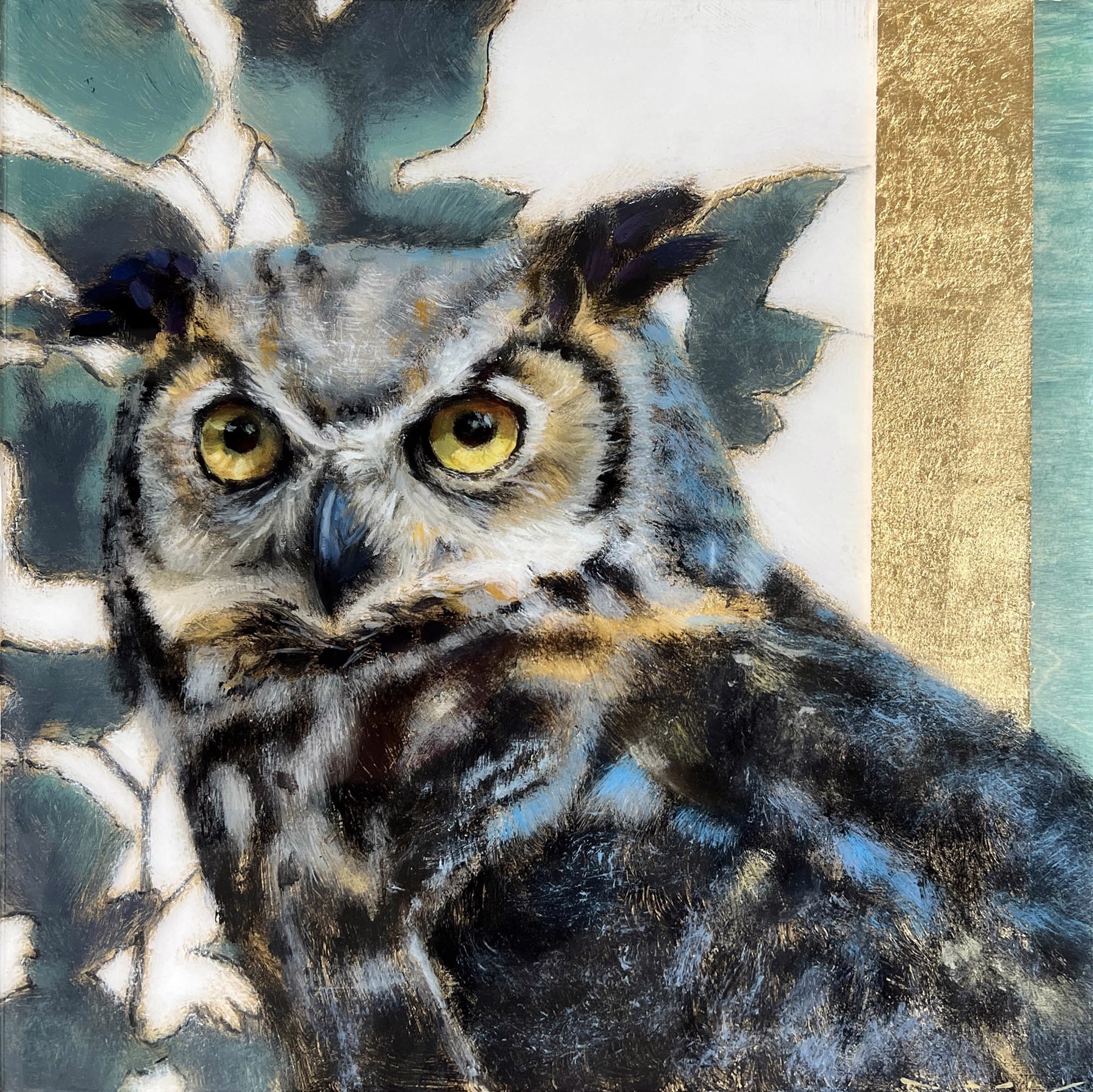 Original Acrylic Painting featuring An Owl Bust Over Abstract Background With Botanical Motifs And Gold Detail