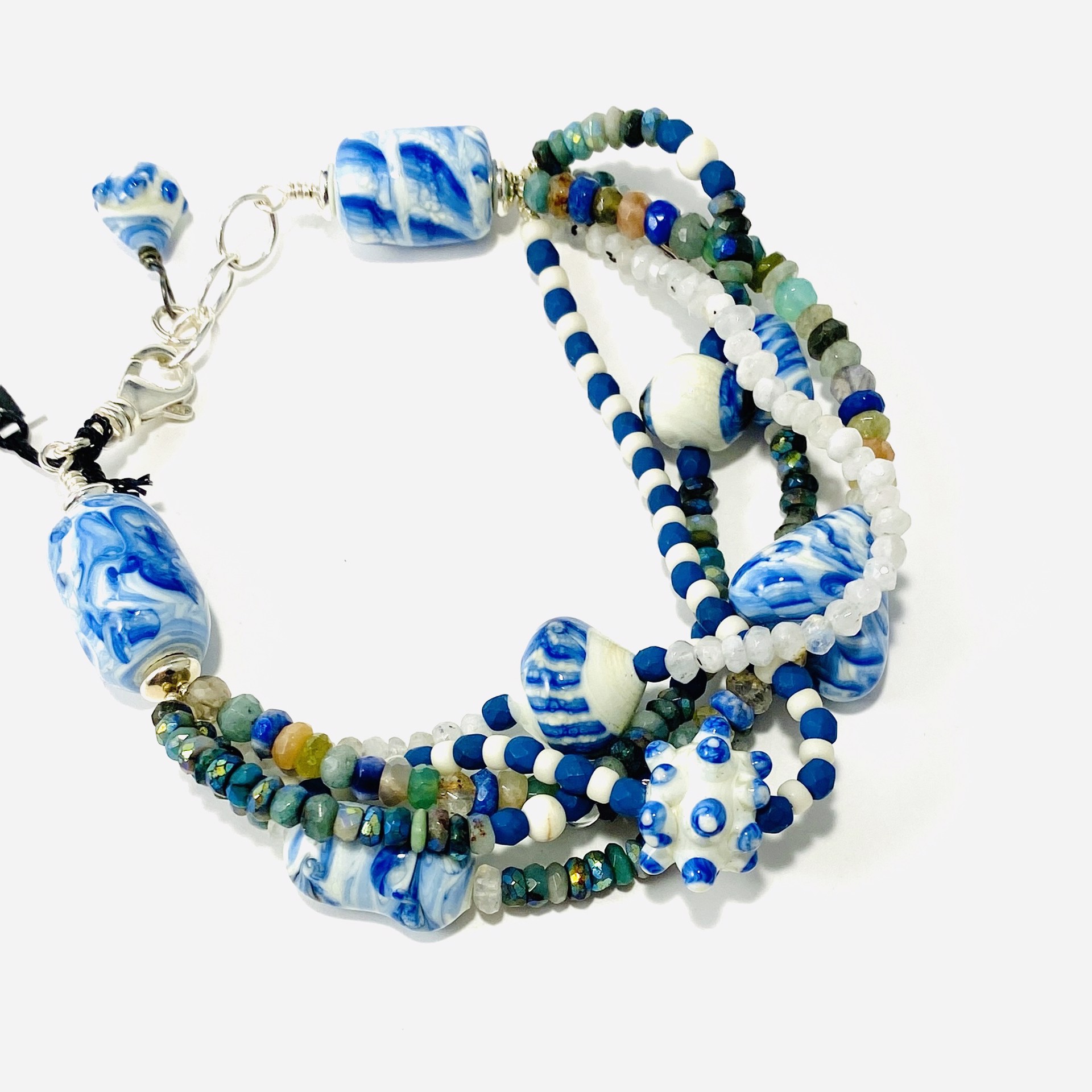 Five Strand Mix Pale Blue and Ivory Glass Beads Gemstone Beads Bracelet LS23-20 by Linda Sacra
