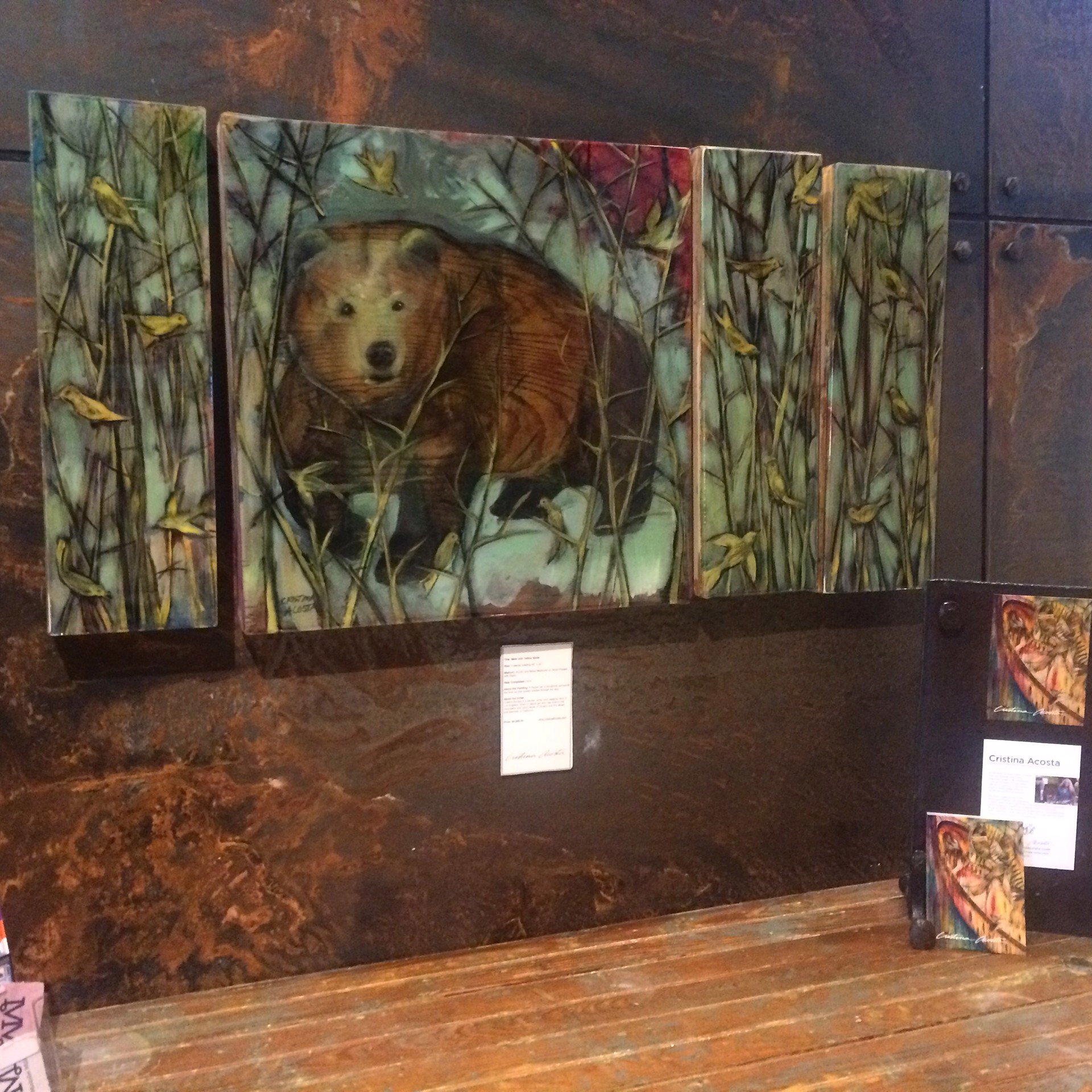 Sweet Bear with Yellow Birds Quadtych by Cristina Acosta