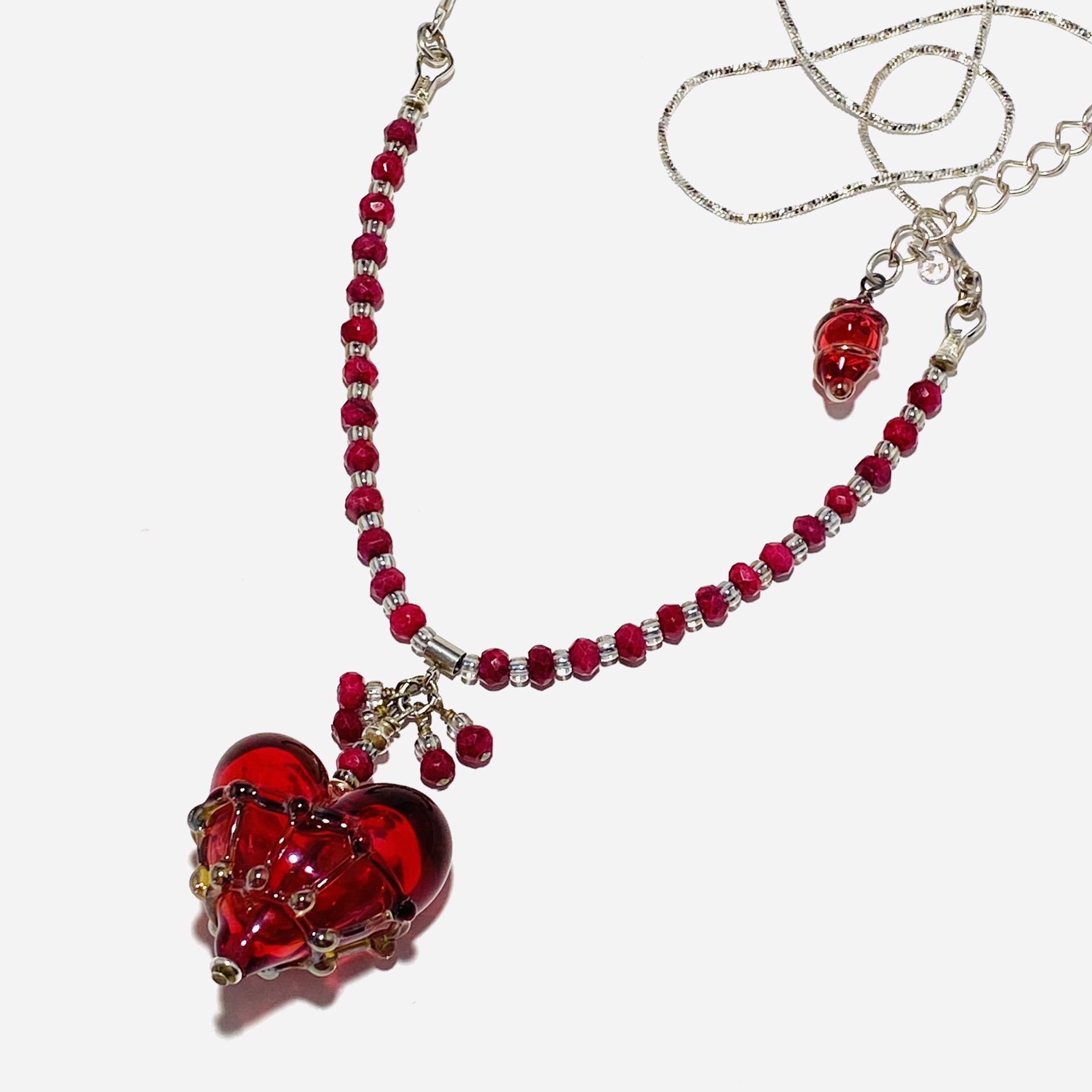 Ruby Gold Notos Cage Heart, Faceted Ruby Bead and Sterling Chain Necklace LS23-5A by Linda Sacra