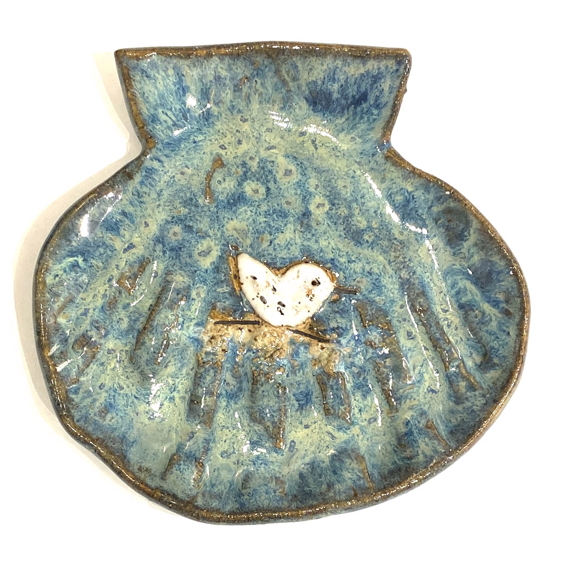 Shell Dish with Sandpiper (Blue Glaze) LG23-1048 by Jim & Steffi Logan