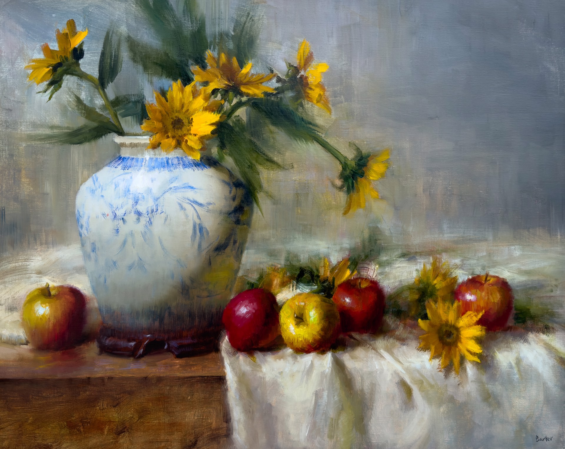 "Flow Blue wit Farm Apples and Sunflowers" by Stacy Barter