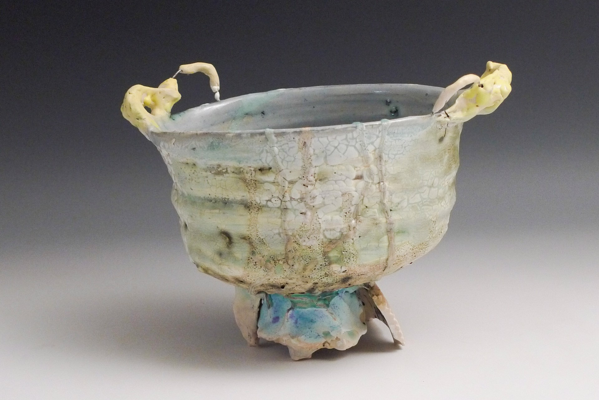 Blue Green Bowl with Yellow Handles by Ani Kasten