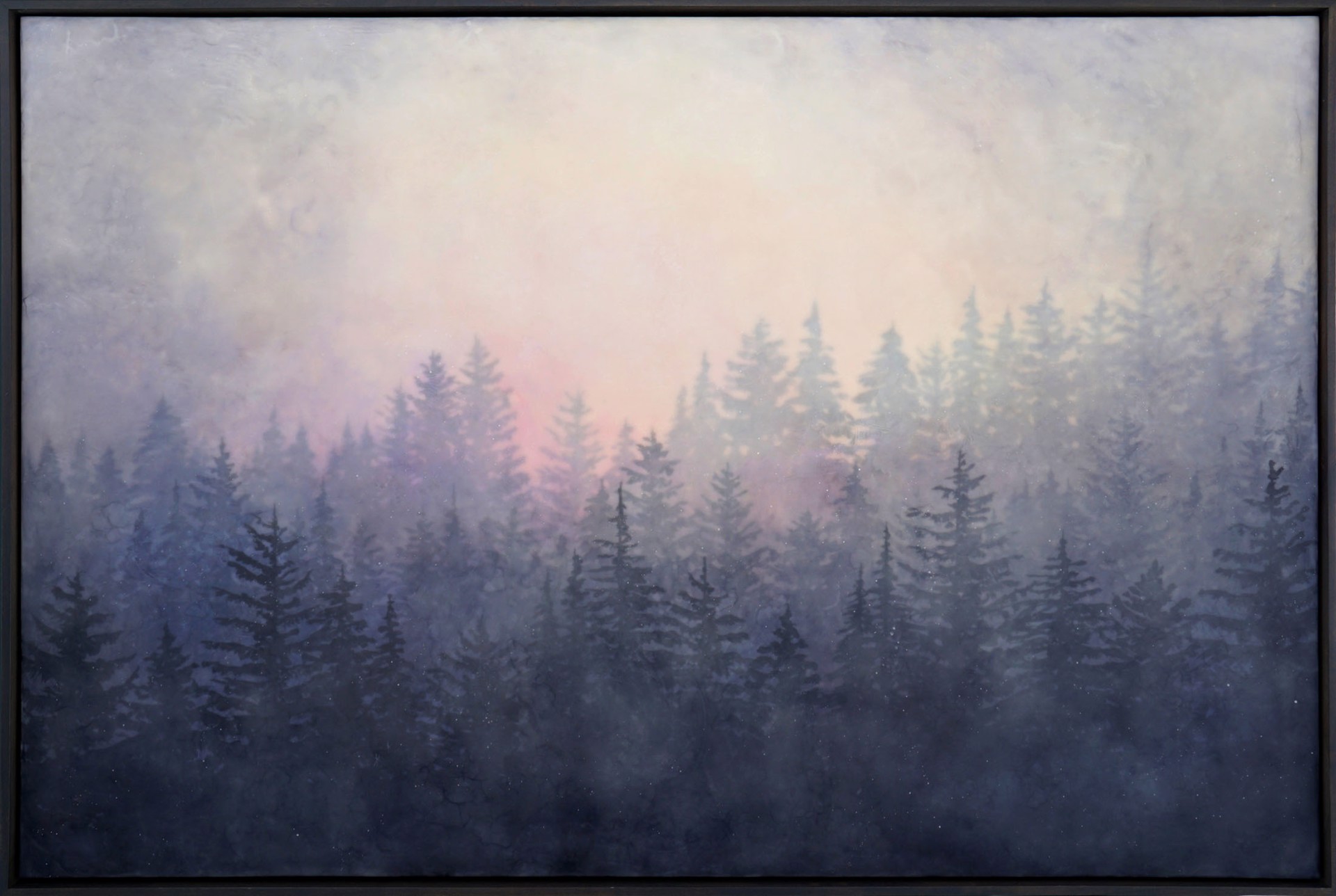 Original Encaustic Landscape Painting By Bridgette Meinhold Featuring Pine Trees Through Purple Tinted Haze
