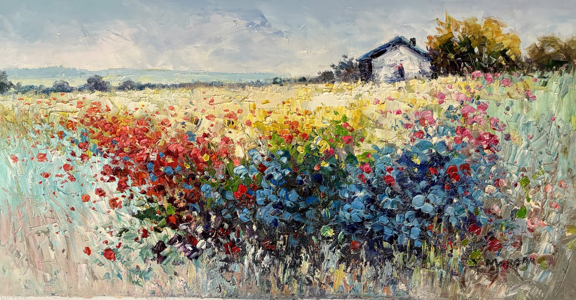 HORIZONTAL FLORAL WITH BARN by J MORGAN