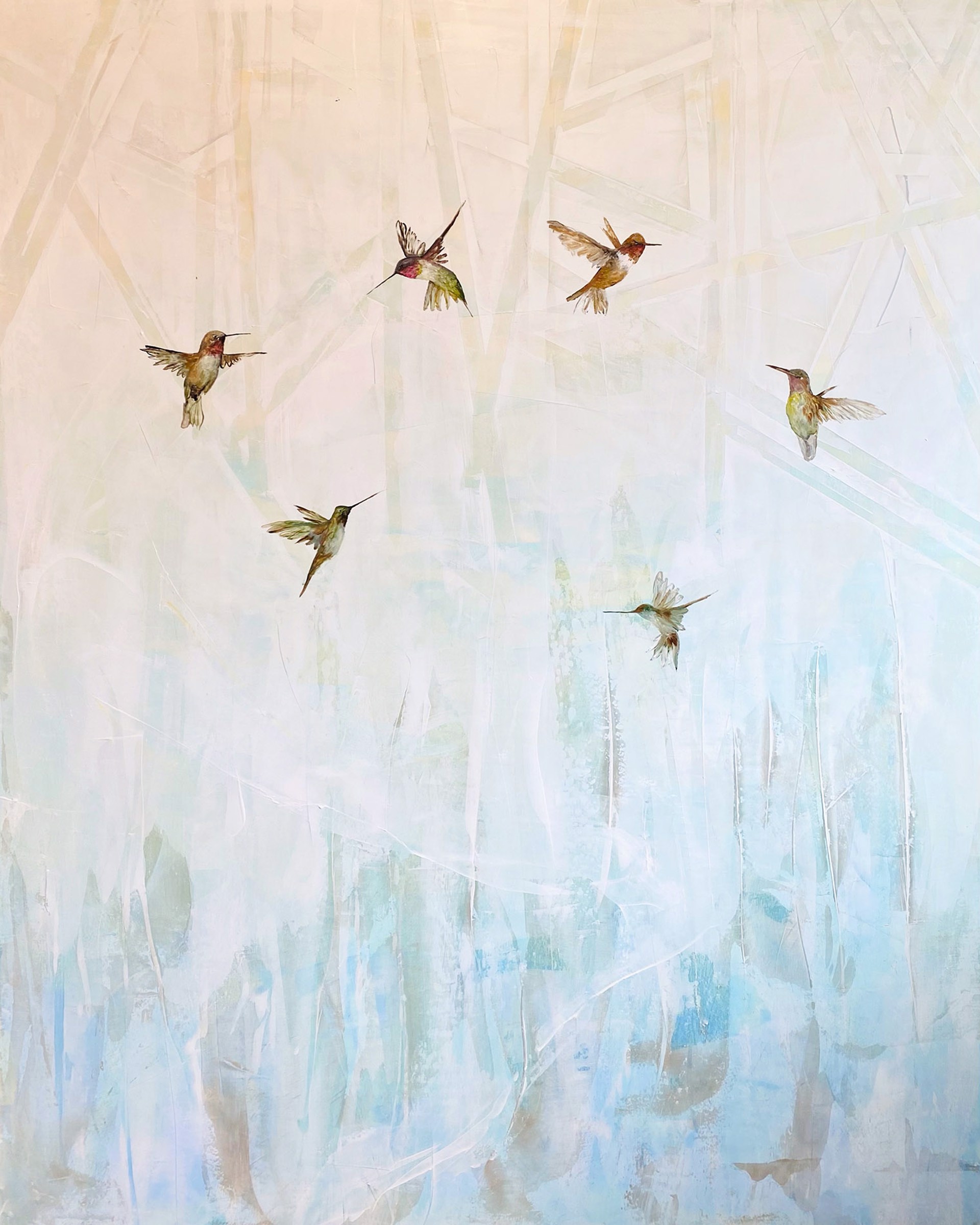 A Contemporary Painting Of Six Hummingbirds On A Blue And Peach Abstract Background By Jenna Von Benedikt At Gallery Wild