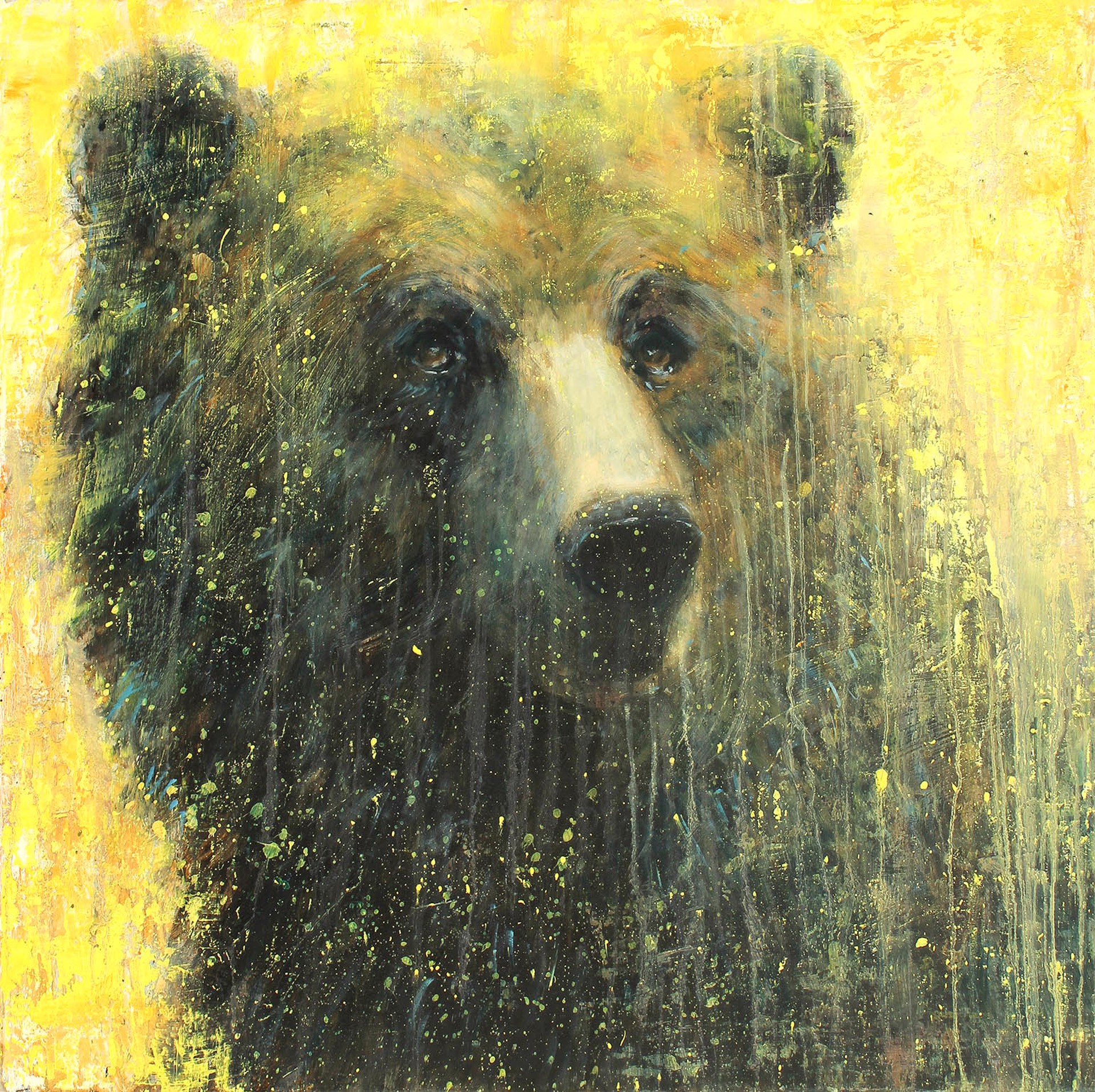 Original Mixed Media Painting Featuring a Grizzly Bear Over Abstract Yellow Background With Dripping Details