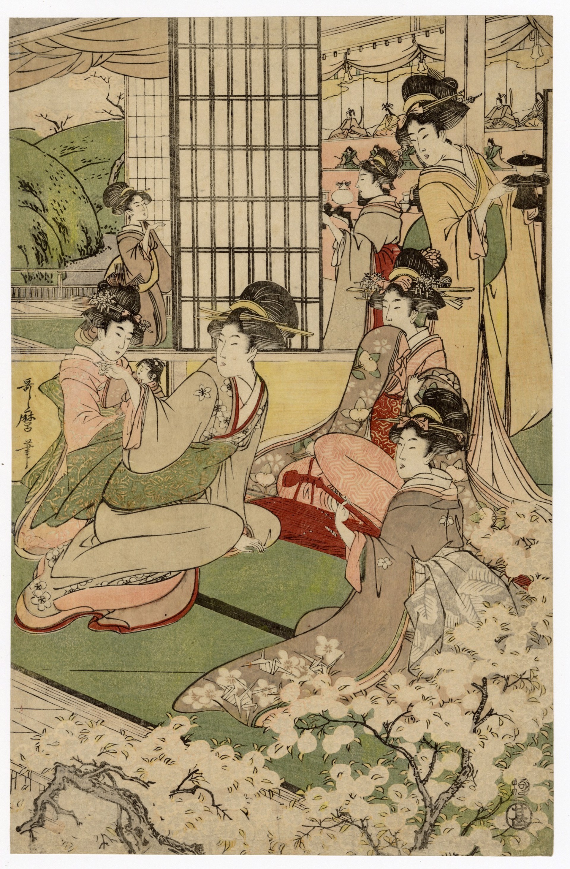 Beauties Viewing Cherry Blossoms from a Veranda by a River by Utamaro