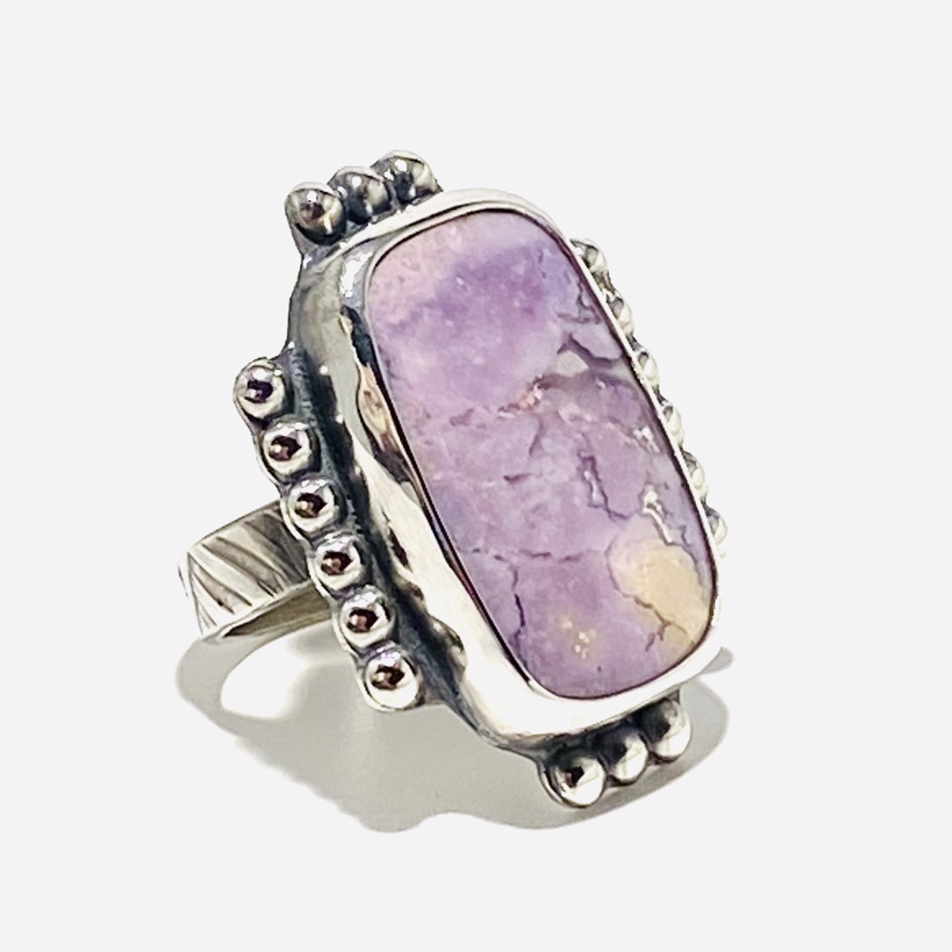 AB23-2 Rectangle Purple Opal Inlay Eighteen Bead Accent Ring sz8.5 by Anne Bivens