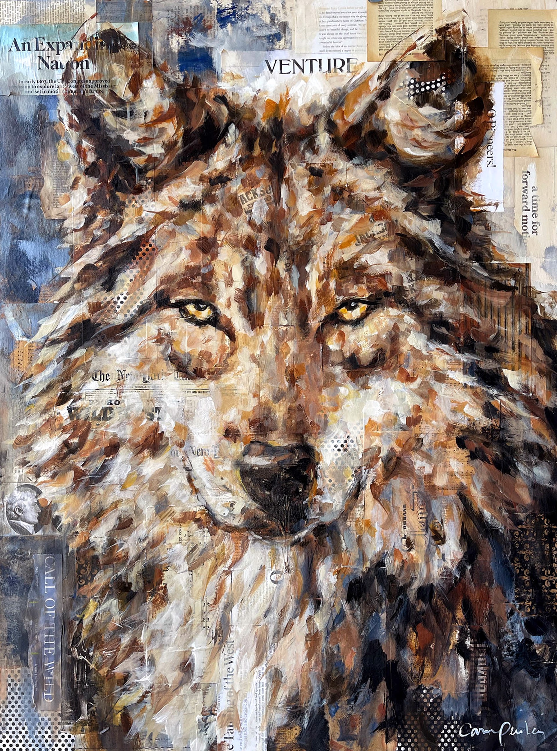 Original Mixed Media Painting Featuring A Wolf Face With Collage Background