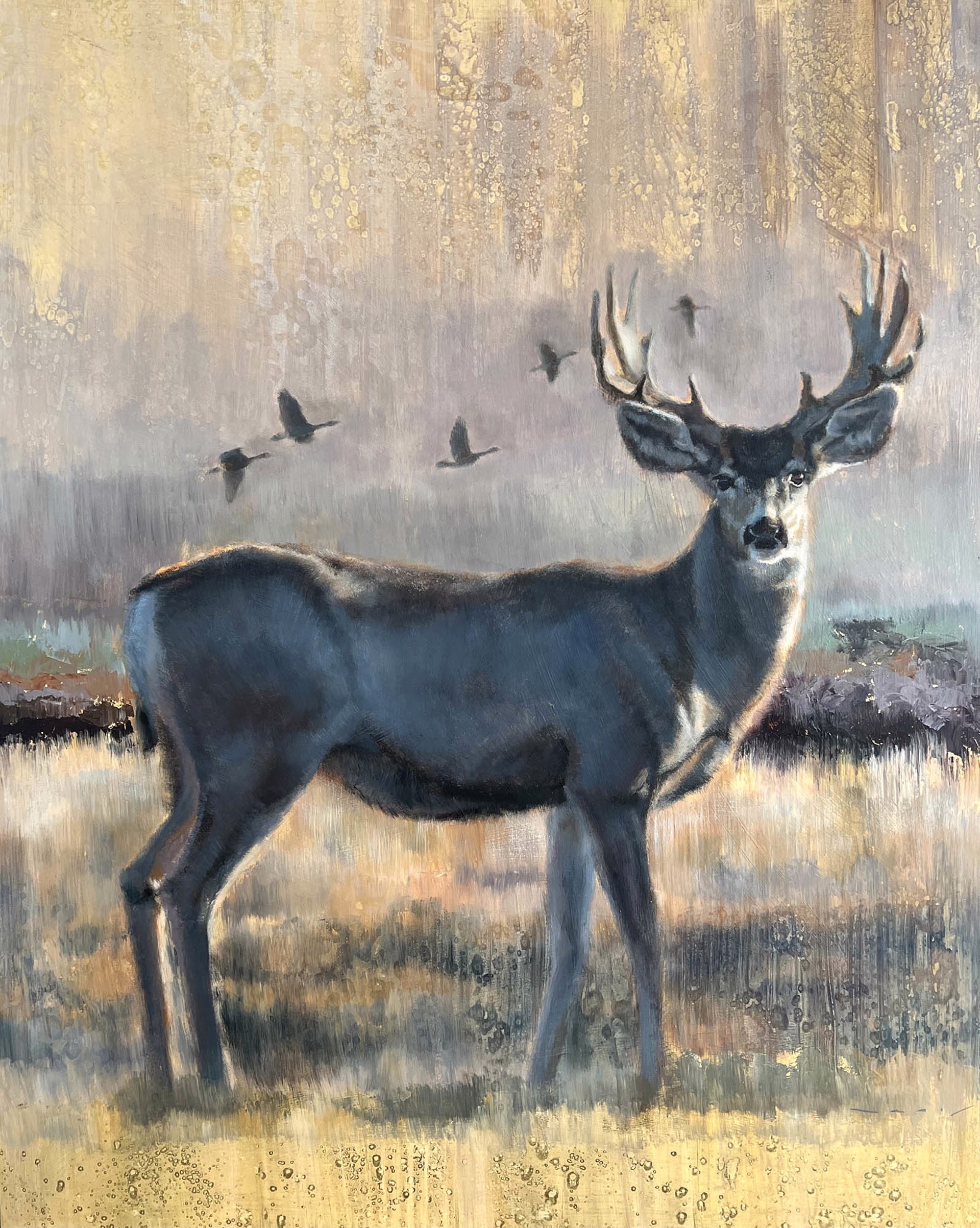 Original Mixed Media Painting By Nealy Riley Featuring A Buck Deer Walking Across Abstracted Landscape