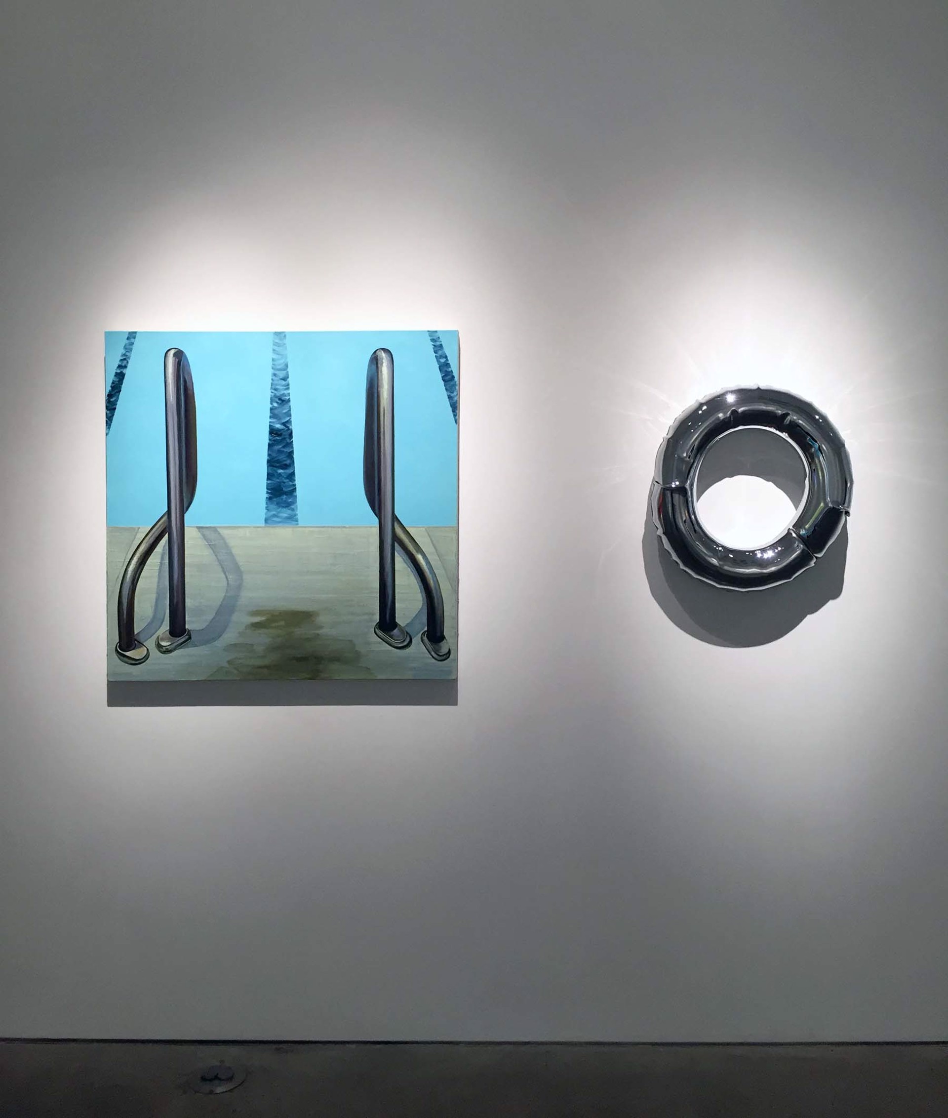 Installation: Lana Waldrep-Appl, "Pool" 2014 (left). William Cannings, "Silver Tube" 2015 (right). 