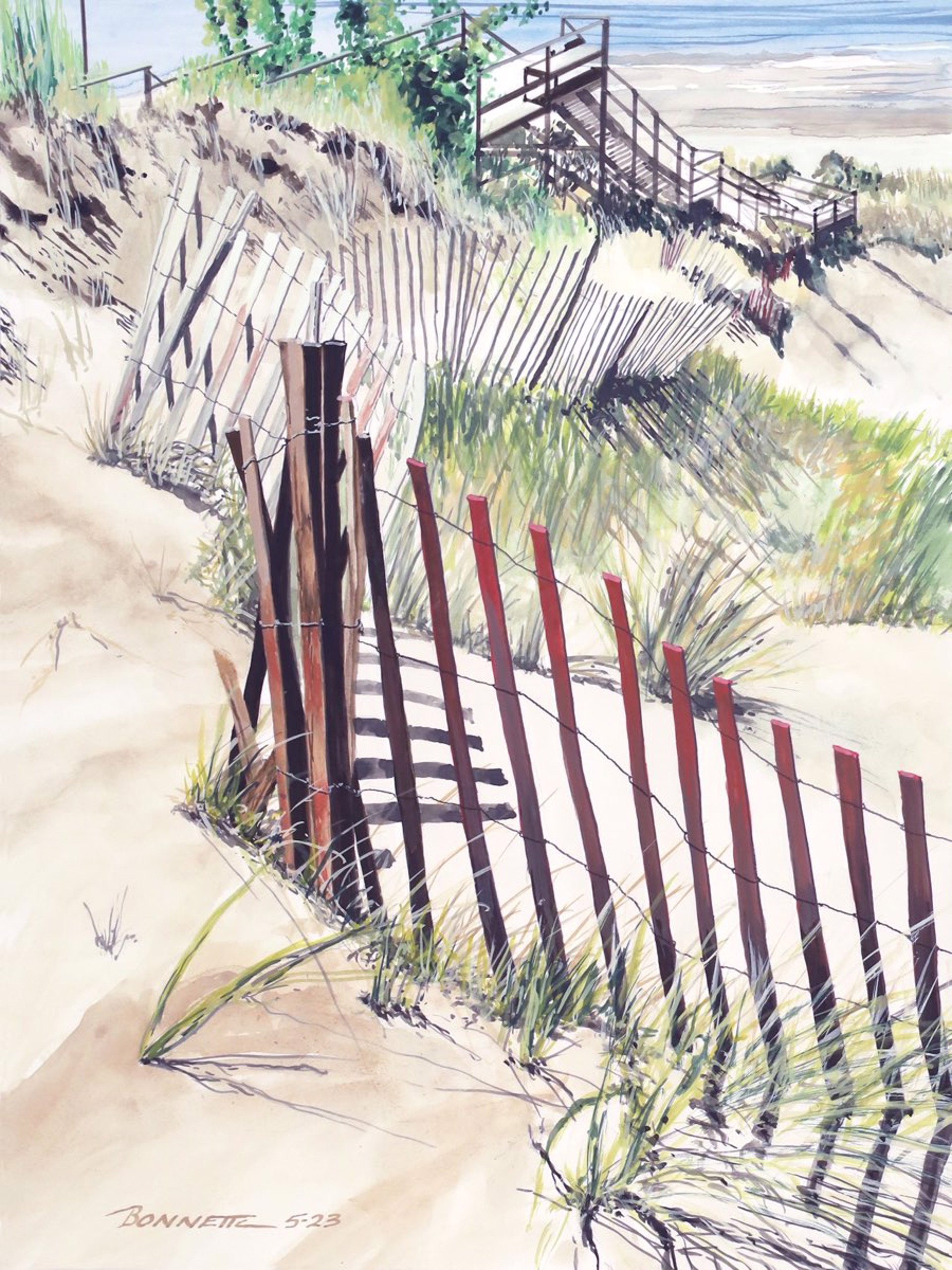 Snow Fence and Beach Stairs by Mark Bonnette