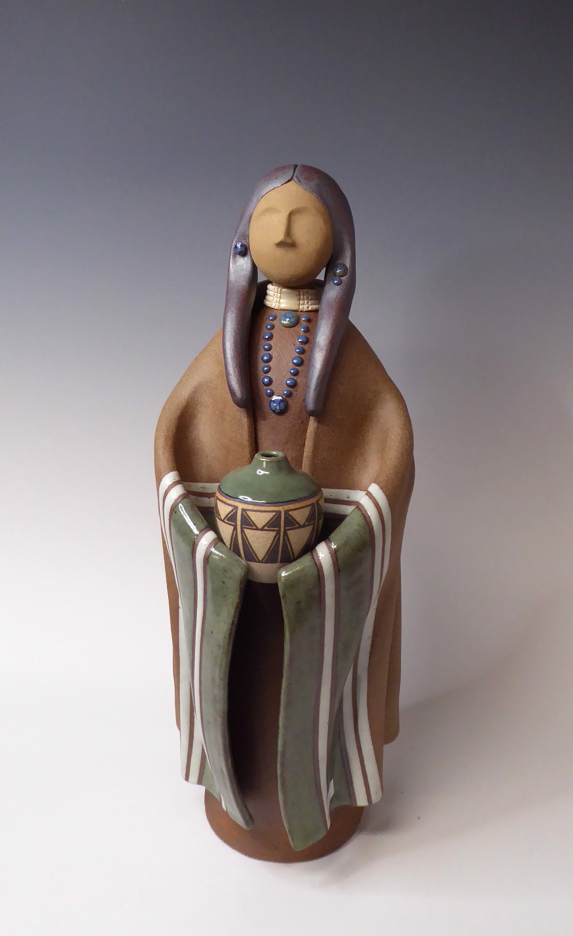Lakota Woman - Green Blanket Carrying Jug by Terry Slonaker