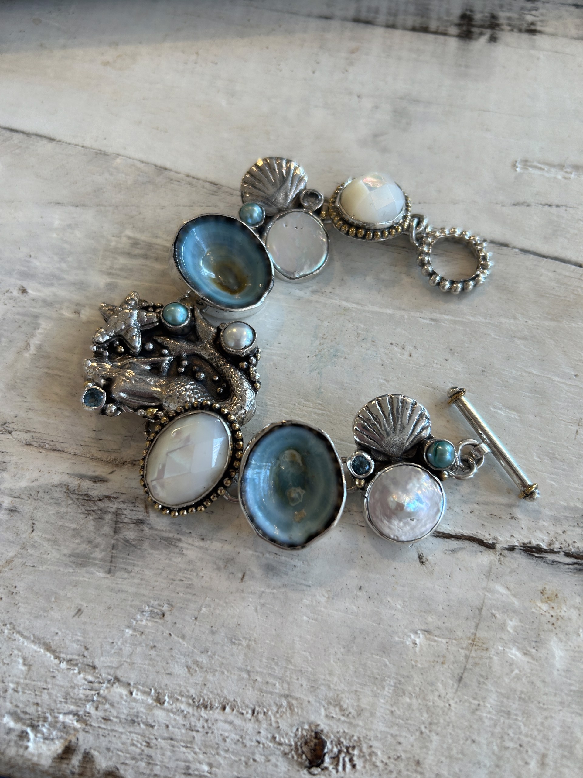Jewelry | Mermaid Blue Topaz Limpet Shell Pearl Bracelet by Echo of the Dreamer