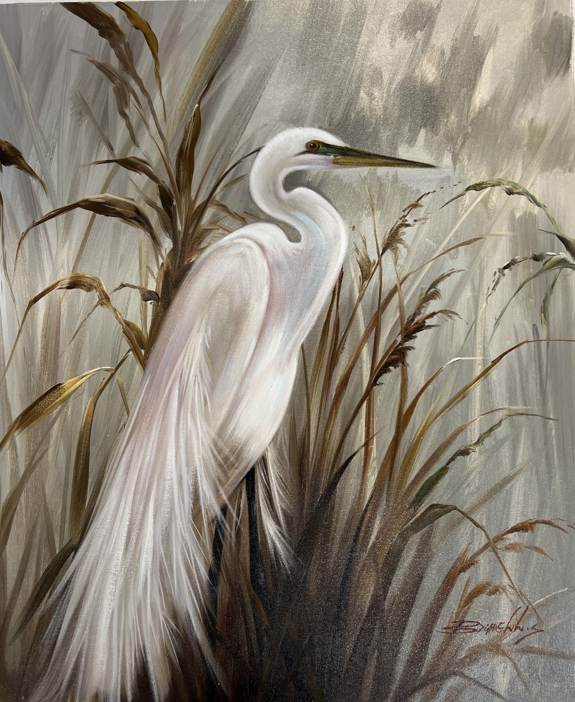 EGRET LOOKING RIGHT IN WARM TONES by BRUNELLY