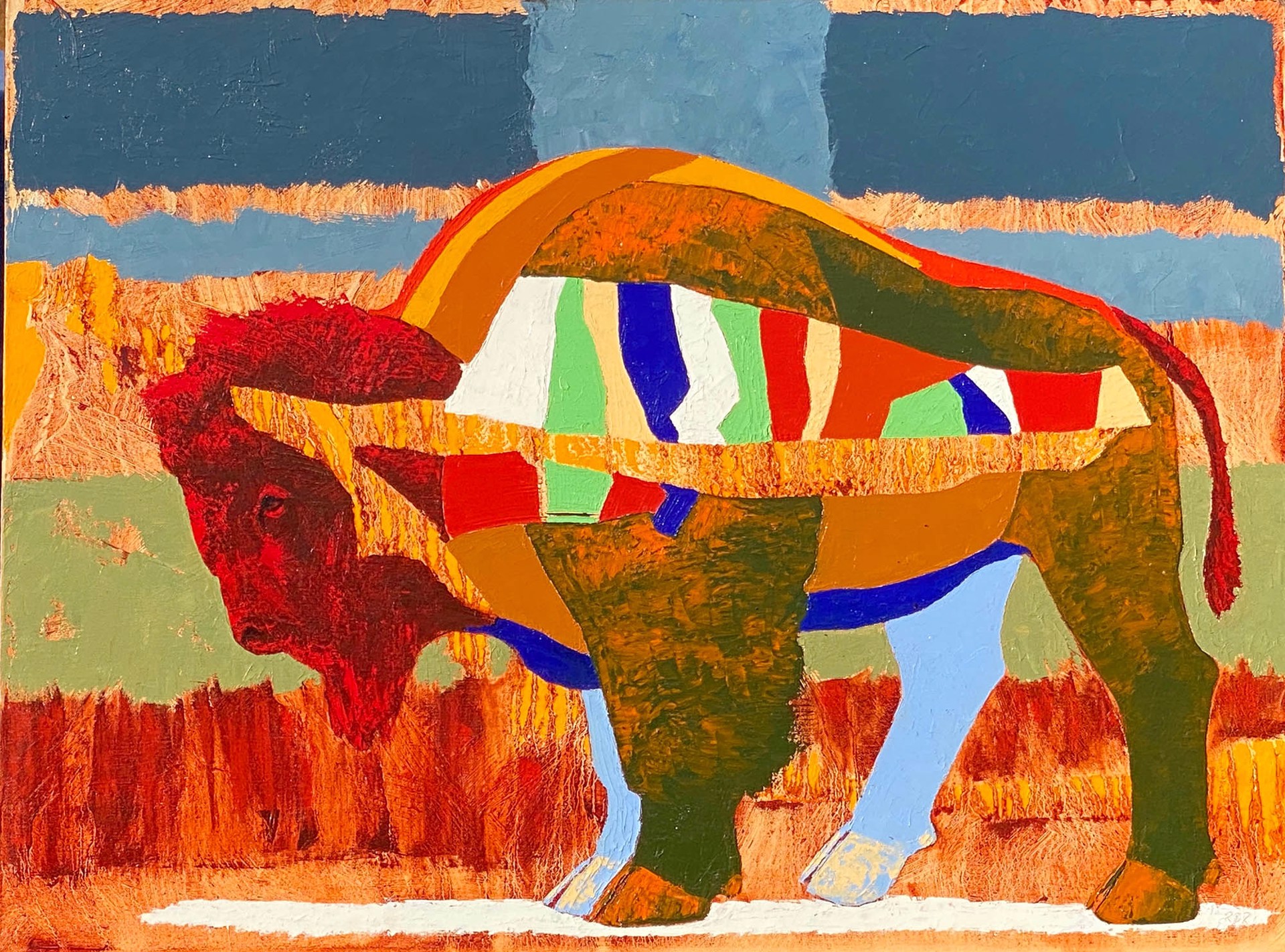 Original Oil Painting Featuring A Standing Bison In A Color Block Graphic Style