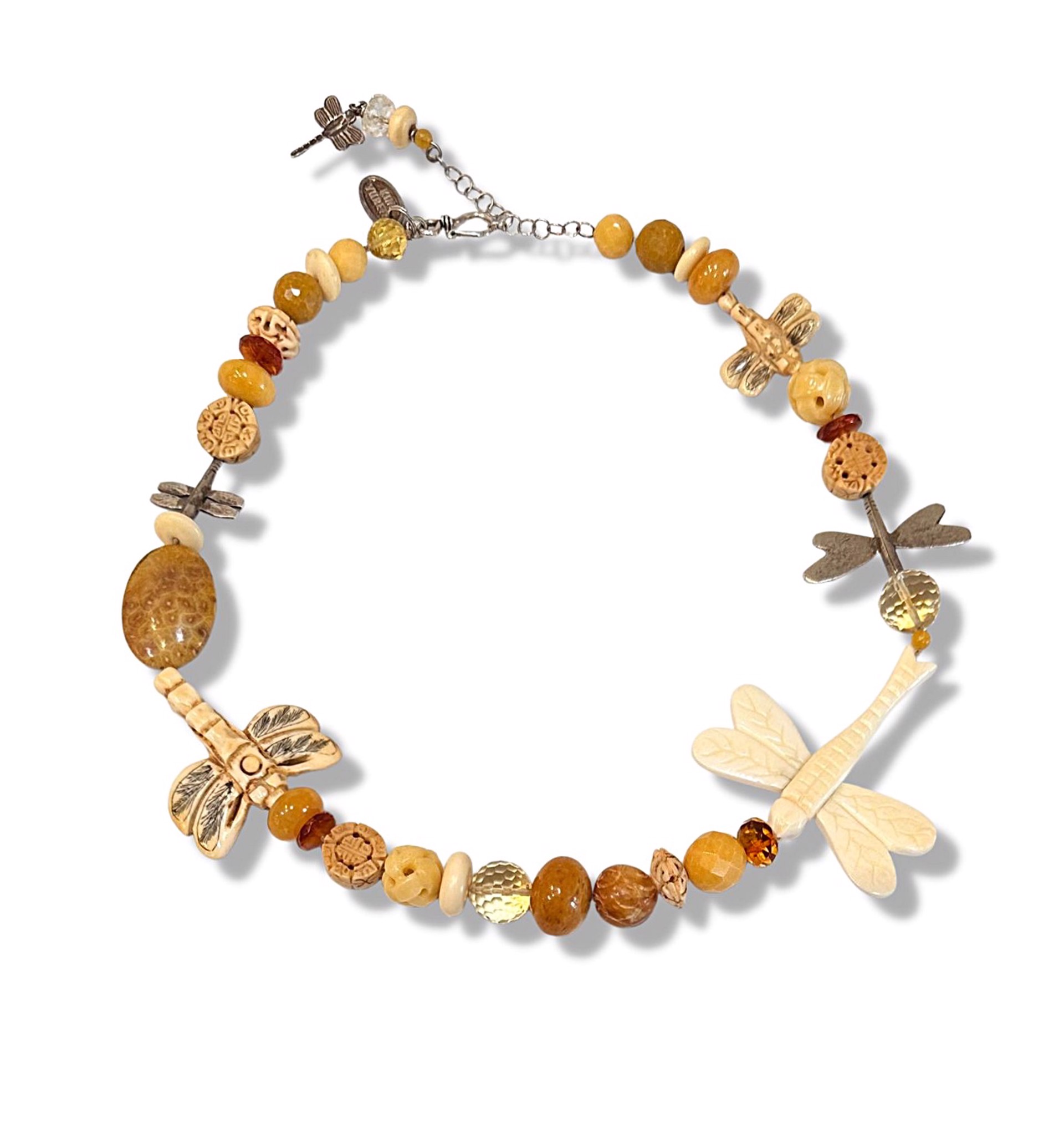 Necklace - Yellow Agate & Jade Beads with Carved Bone Dragonfly #25 by Kim Yubeta