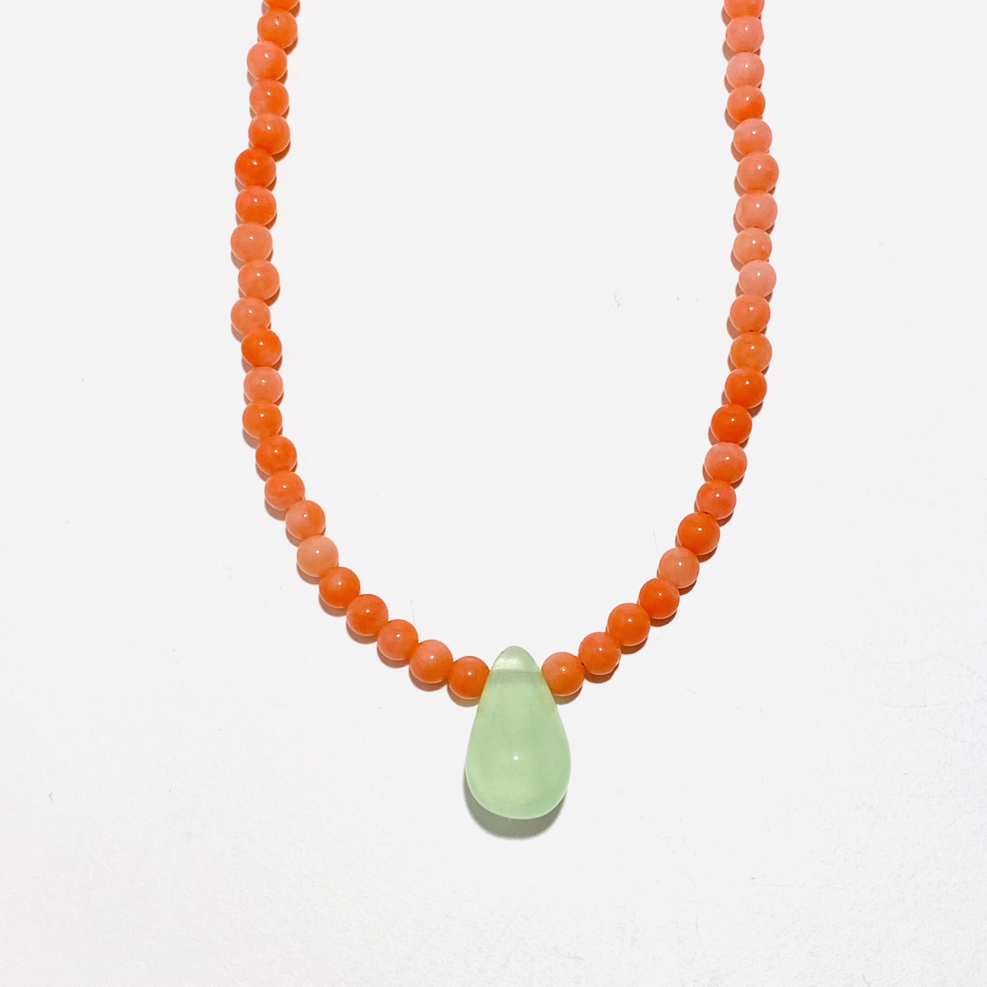 Light Coral Bead Pale Green Jade Teardrop Focal Necklace by Nance Trueworthy