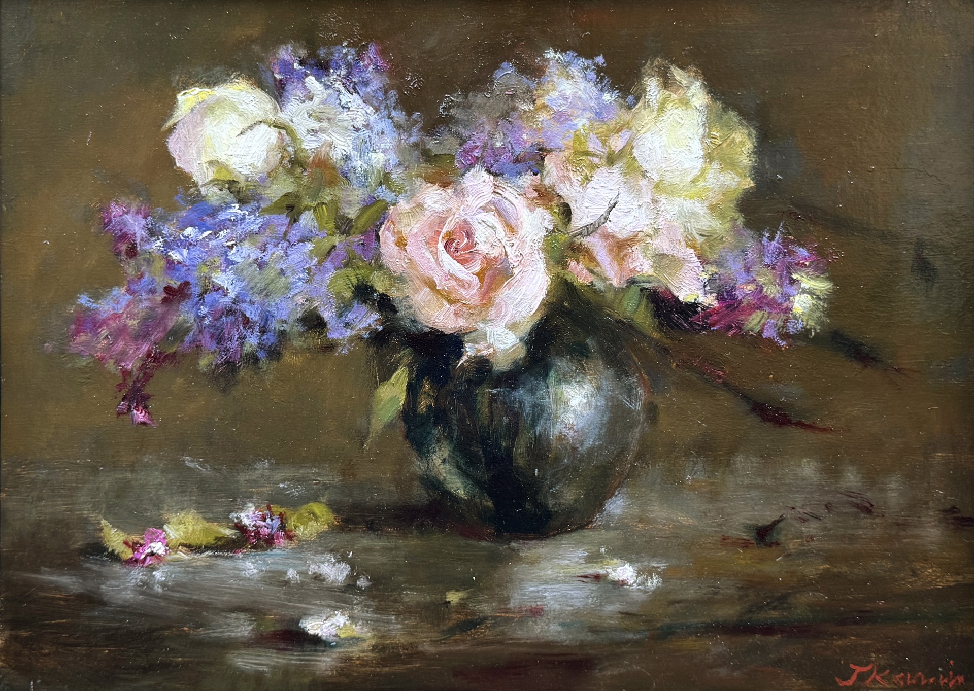 Roses with Lilacs in Iridescent Pot by Jacqueline Kamin