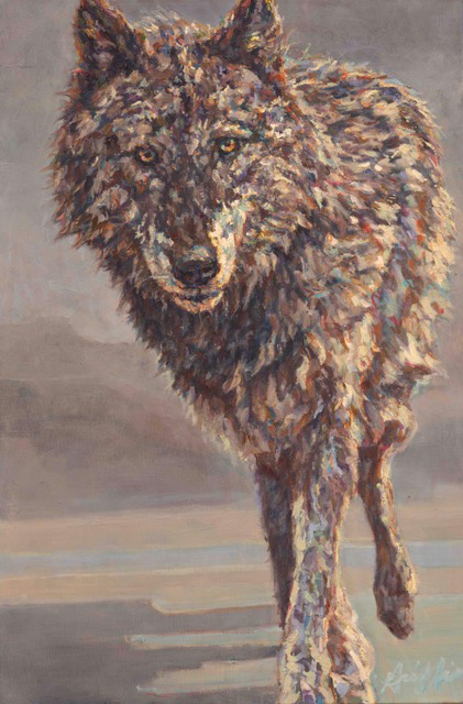 Original Painting Of A Black Wolf Mid Step Coming Towards The Viewer With A Contemporary Background