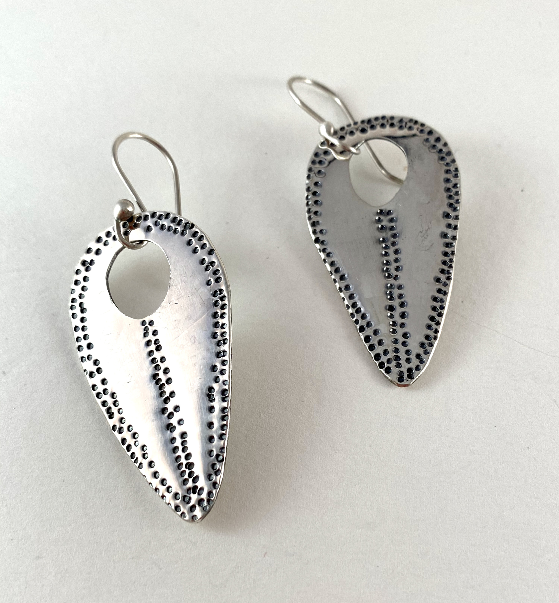 Silver Hand Textured Earrings, Circle Cutout  by Anne Bivens
