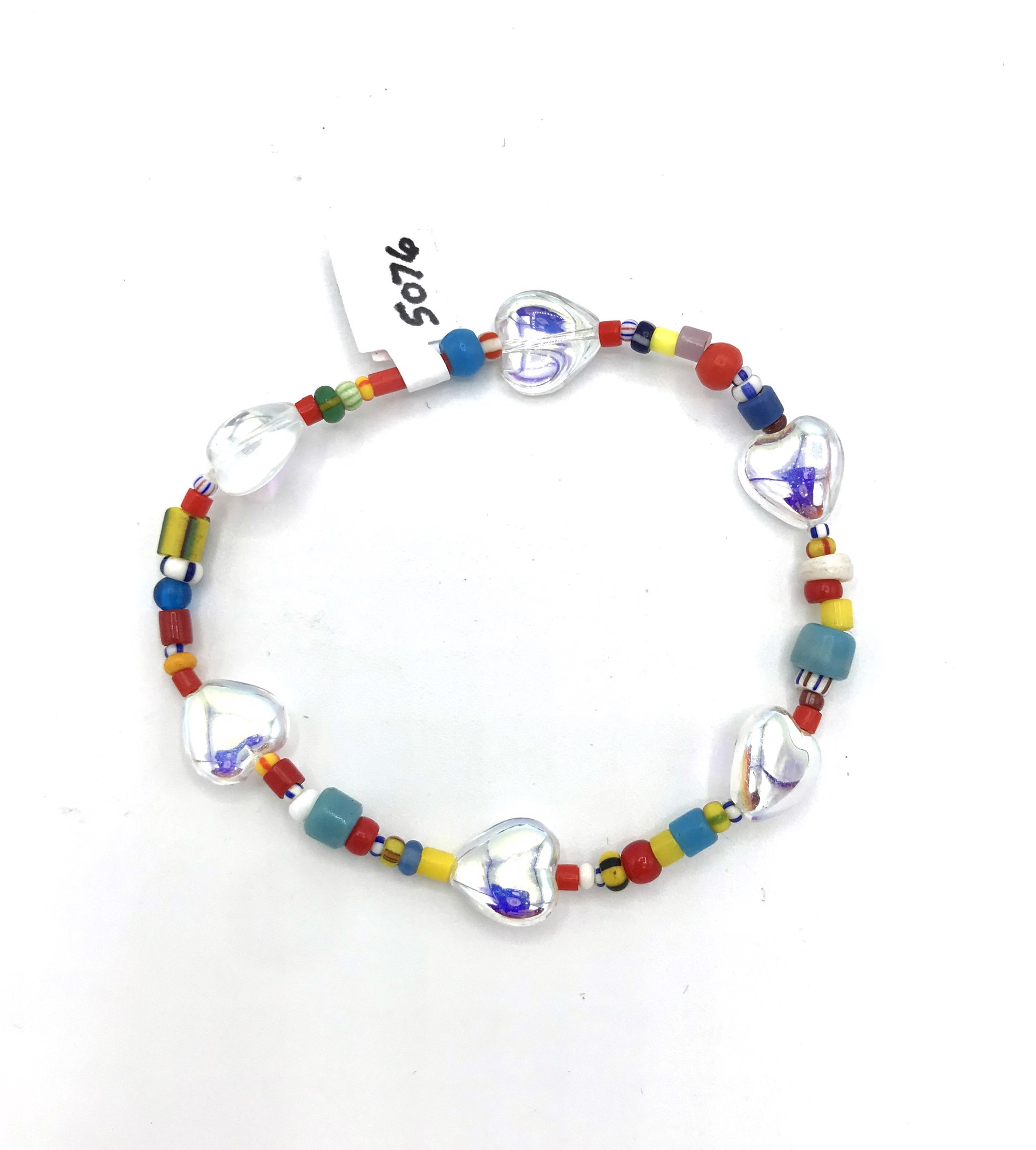 Clear Iridescent Hearts With Multicolored Beads Bracelet by Emelie Hebert