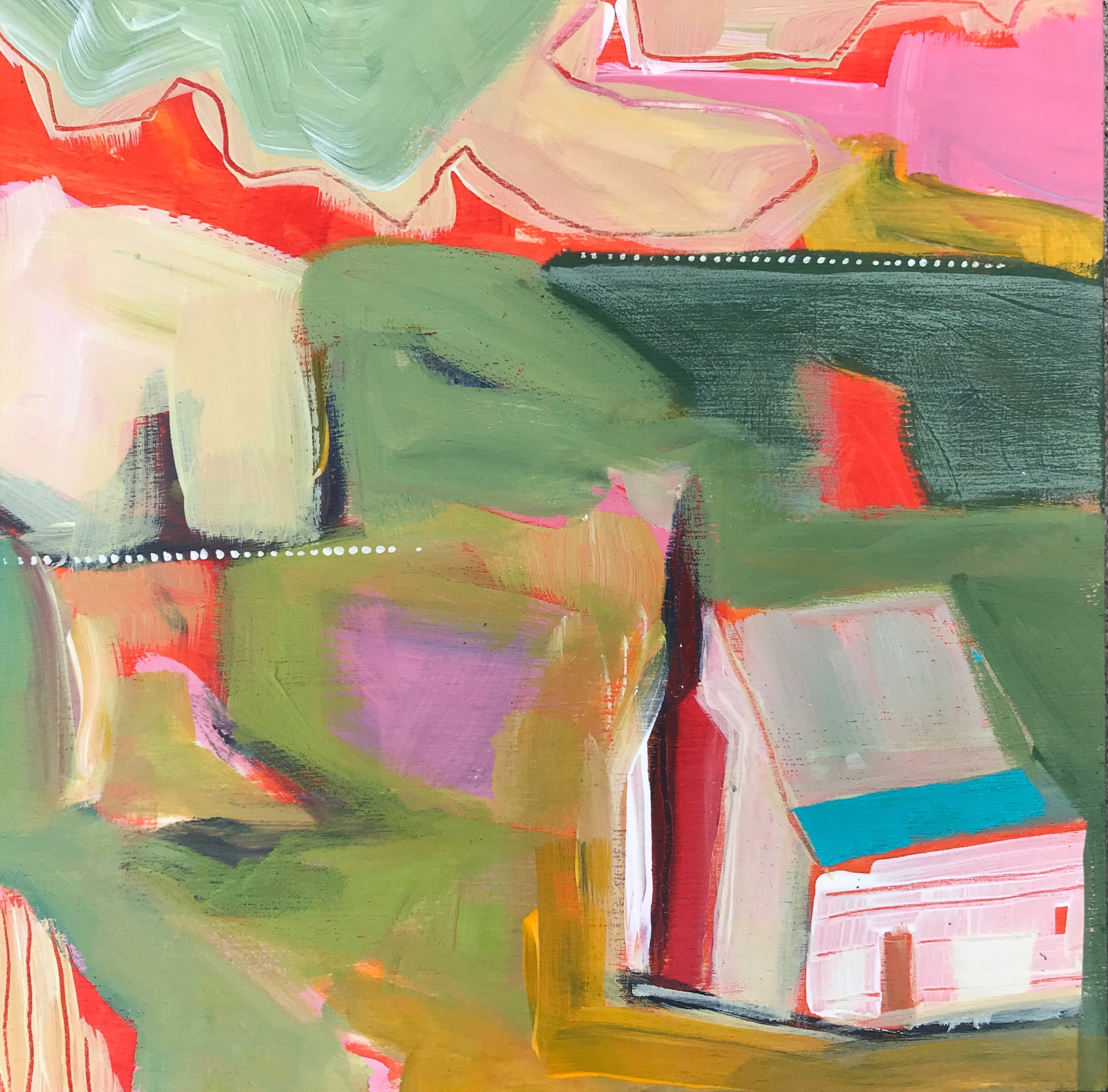 White Farmhouse with Red Chimney by Rachael Van Dyke
