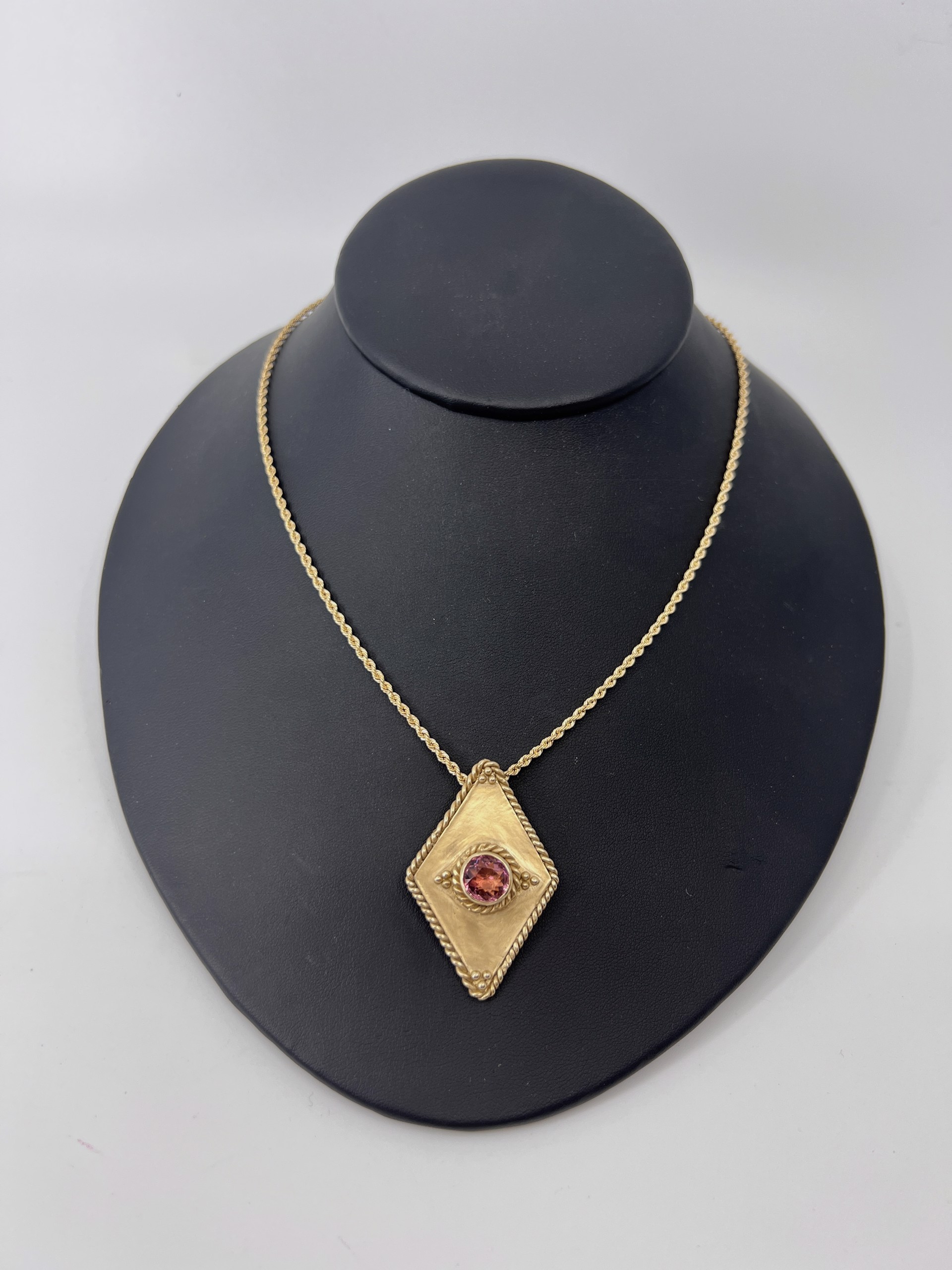 14K Gold Diamond Shape Pendant with Rope Border and Pink Tourmaline by Beth Benowich