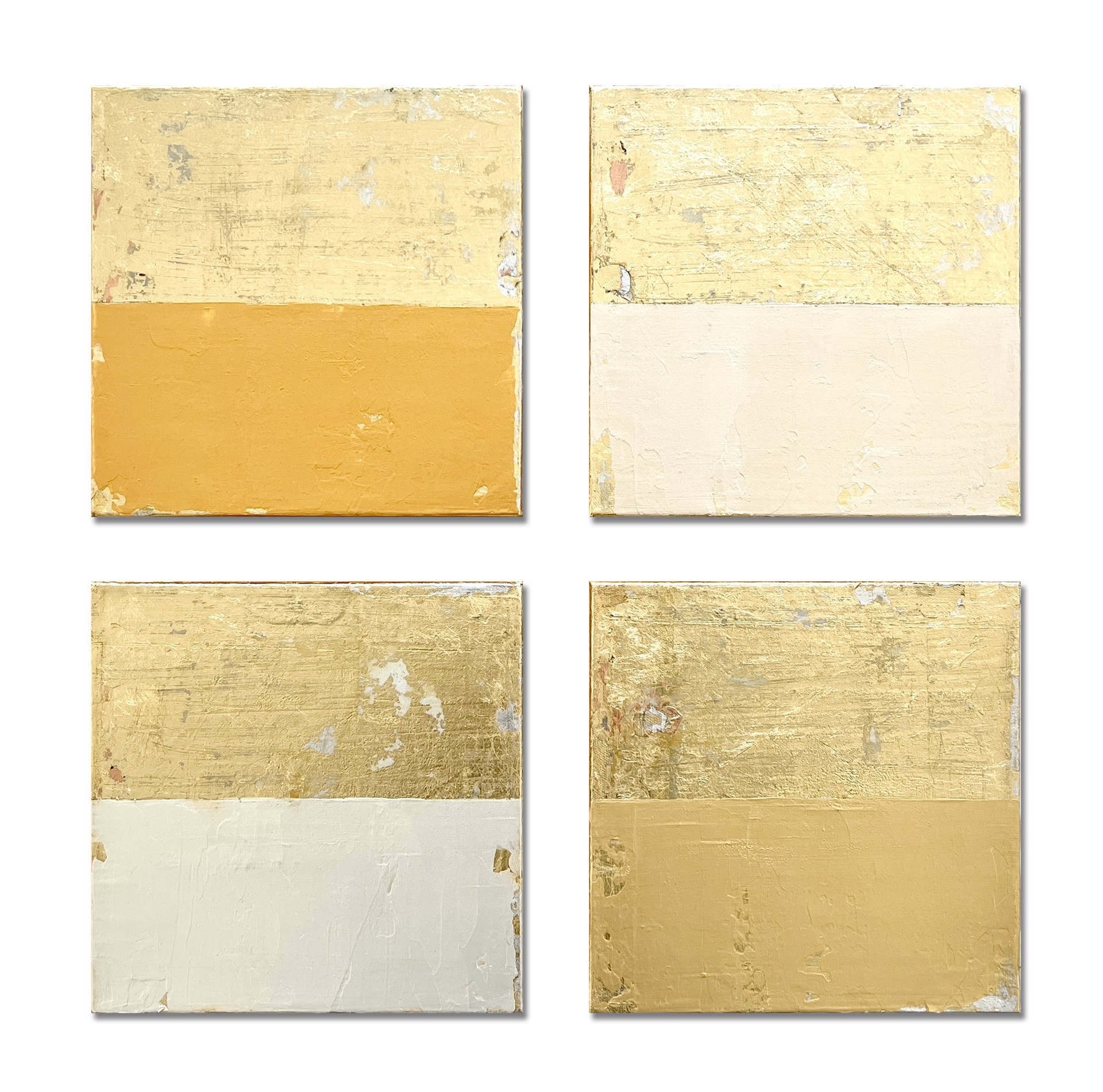 Gold And Gold (SS050 SS051 SS052 SS053) is a set of 4 multiple gold leaf mixed media panels from Japanese painter and artist Takefumi Hori.